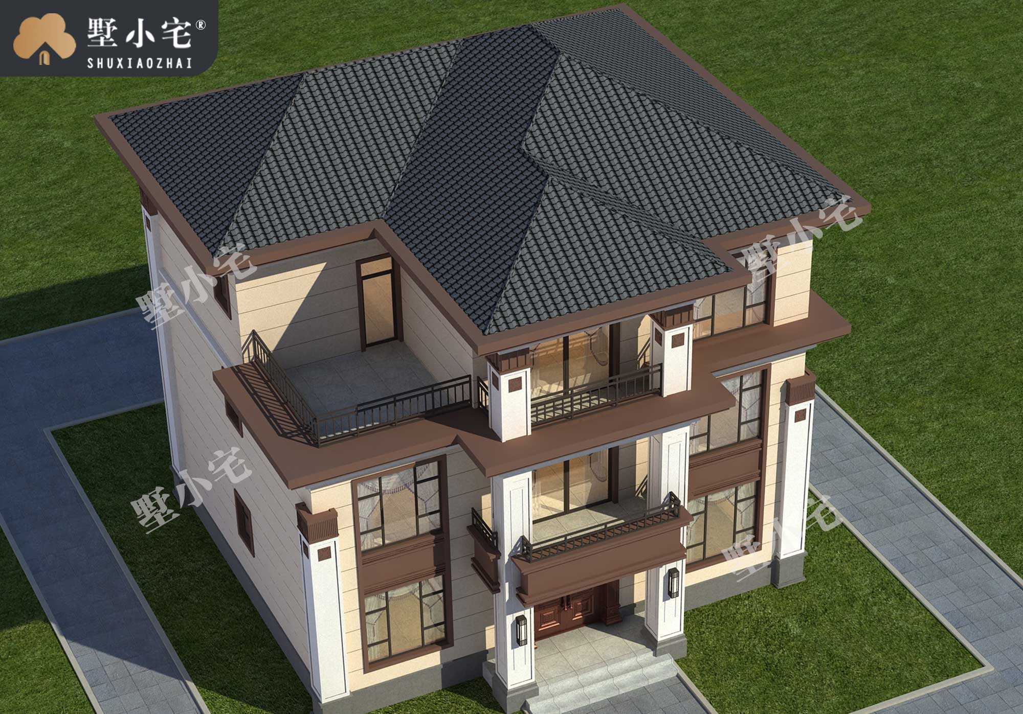 C1082最新款农村三层新中式独栋自建房户型设计图，带露台，12×10