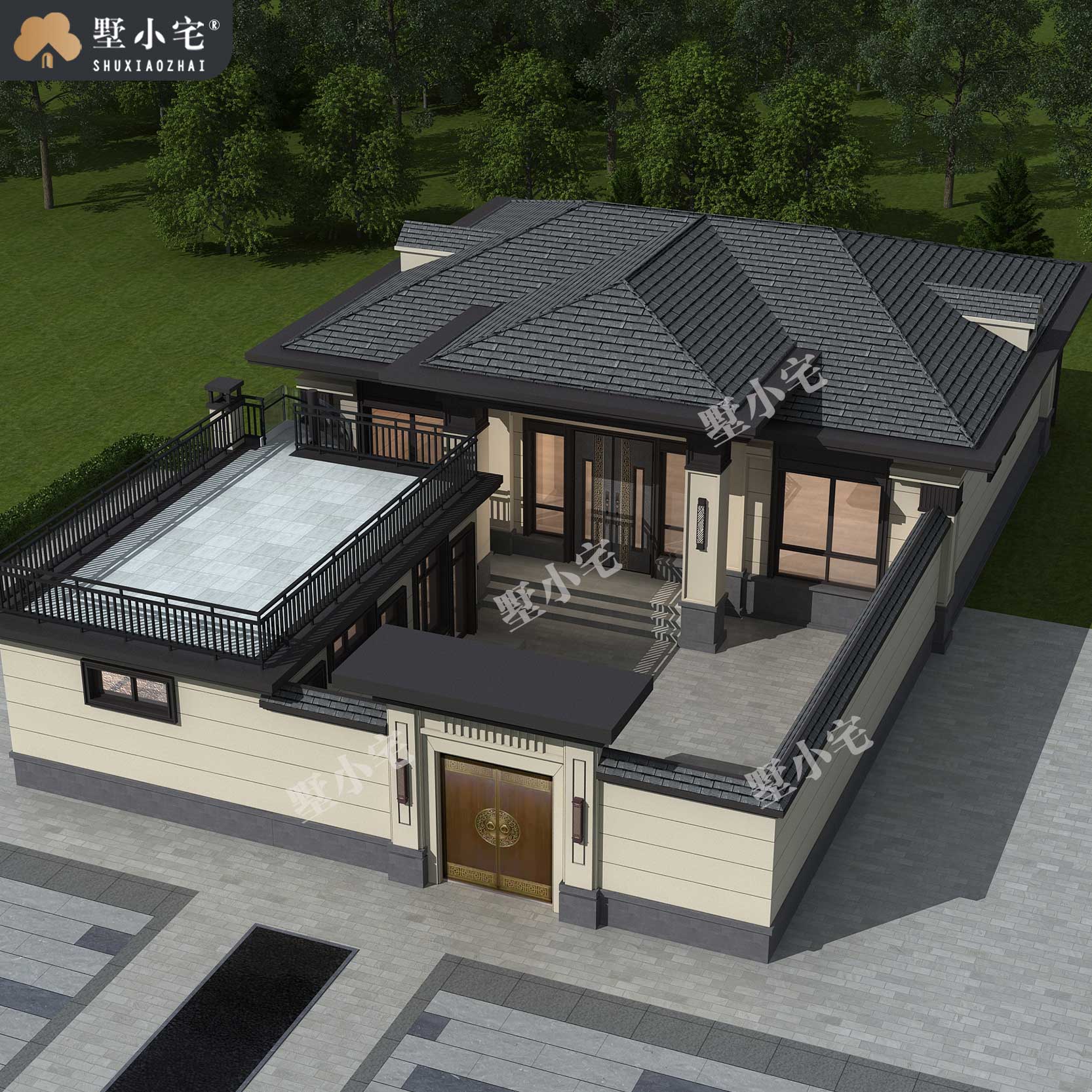 A909一层新中式L型别墅带院子设计图，经济实惠农村自建别墅13.5×24.24