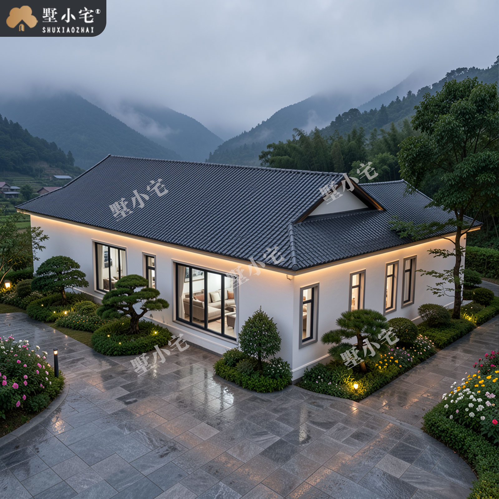 20.76x13.06米,A9232农村自建房小开间一层宋式别墅效果图设计全套盖房施工图纸，回乡养老的诗意之选。