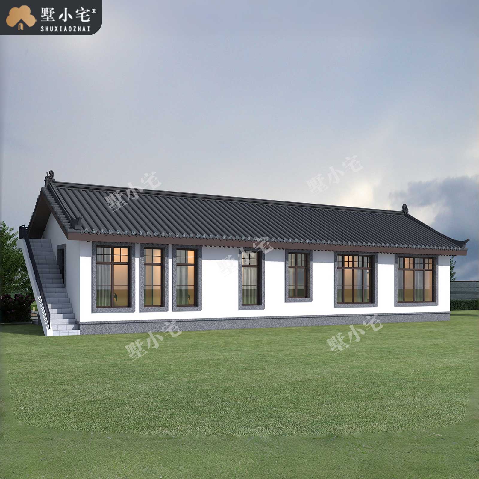 19.8x14.95米,A9059农村自建房七字户型带土灶一层中式别墅设计全套盖房施工图，回乡建房养老首选