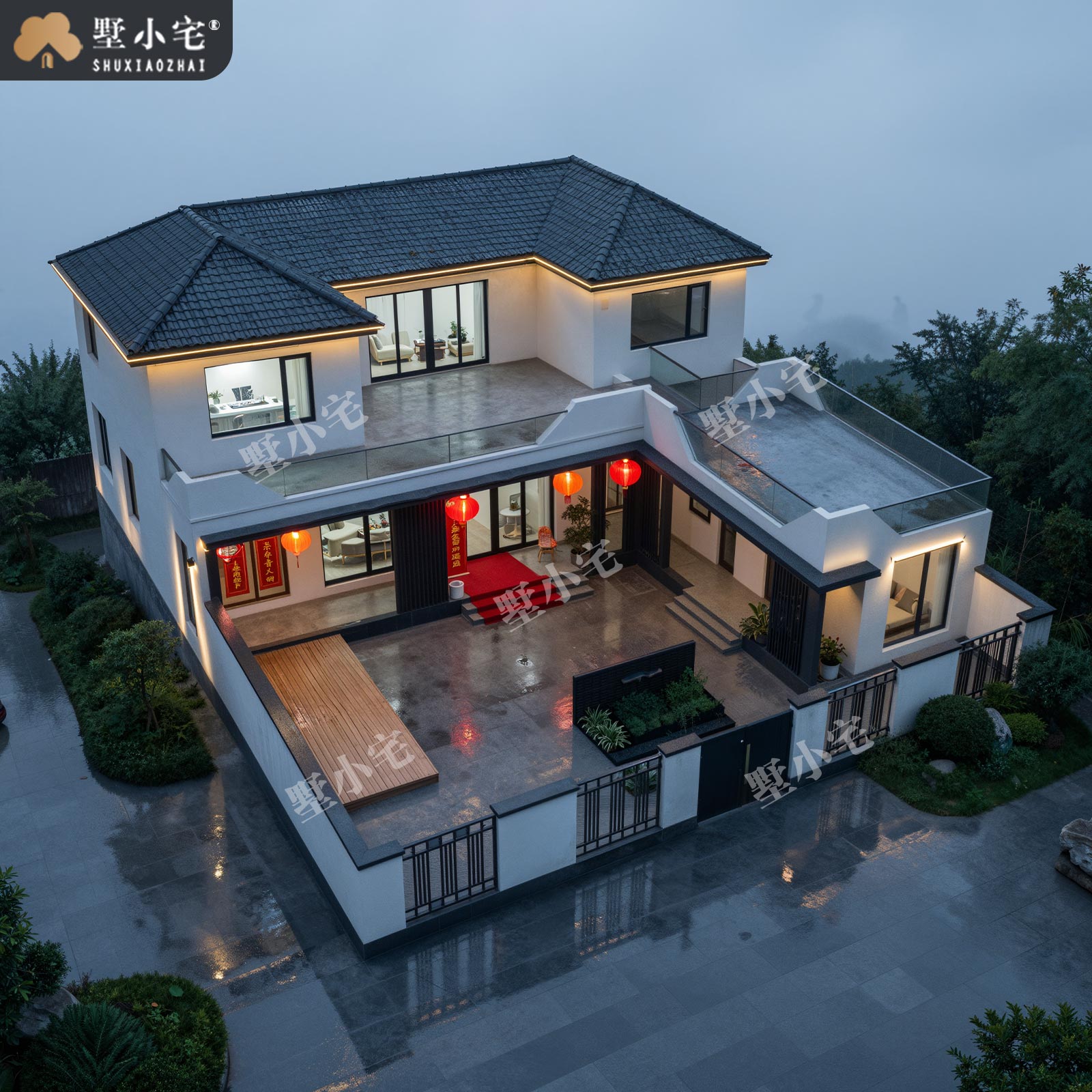 17.76x19.36米,B9167农村自建房七字户型二层现代风别墅效果图设计盖房施工图纸，回乡建房巧妙利用每一寸地