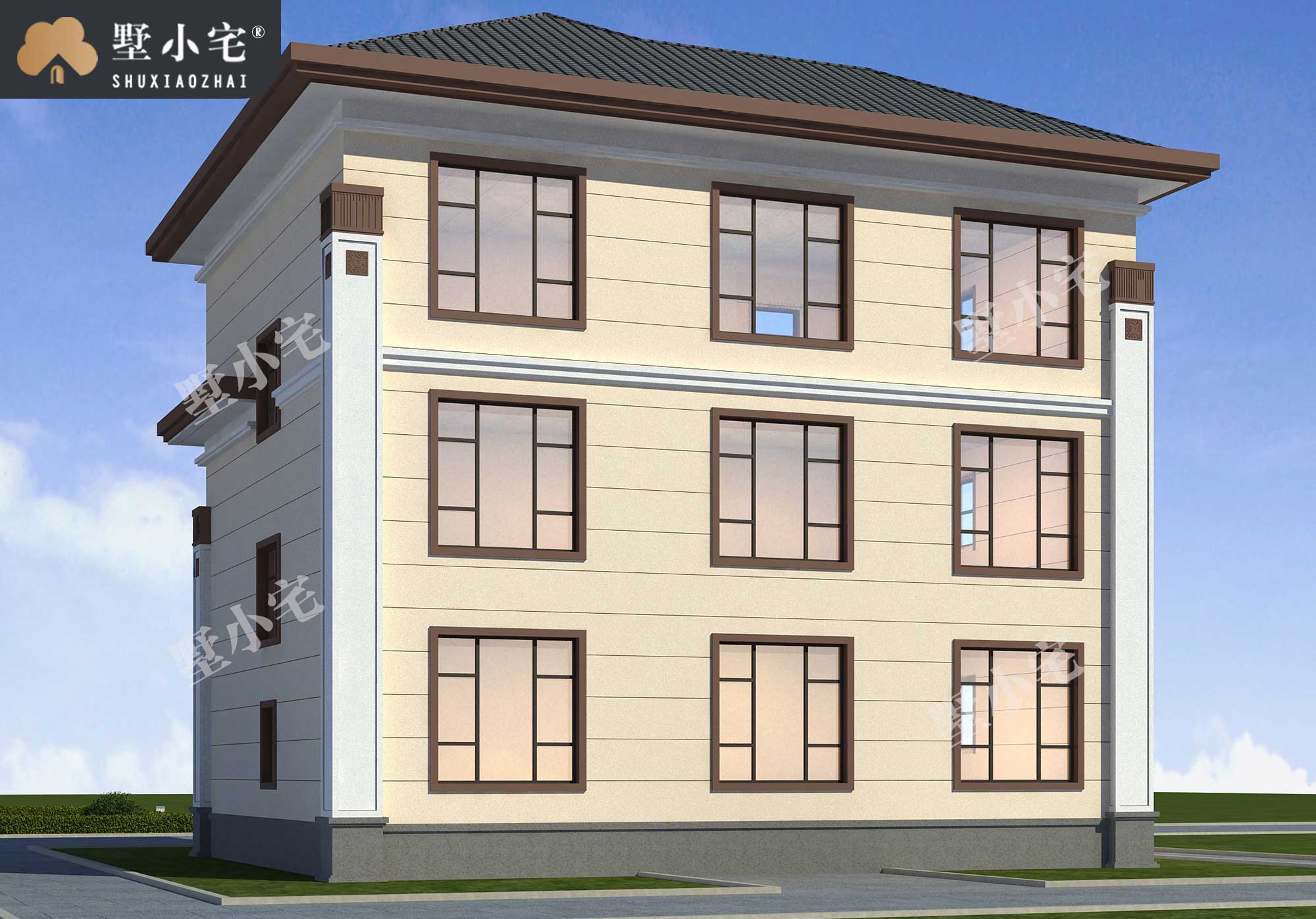 C1082最新款农村三层新中式独栋自建房户型设计图，带露台，12×10
