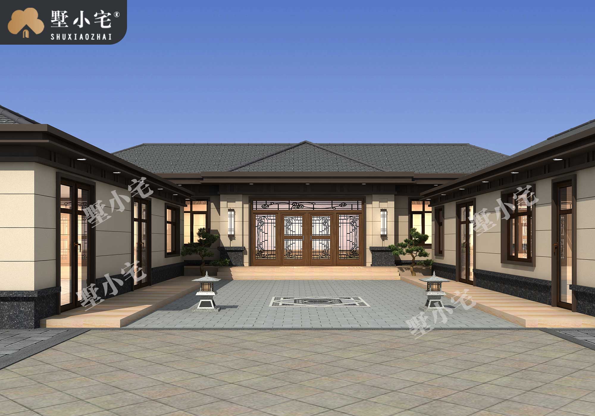 曾A1004农村中式一层四合院自建房户型方案图，带庭院设计，23.8×25.3