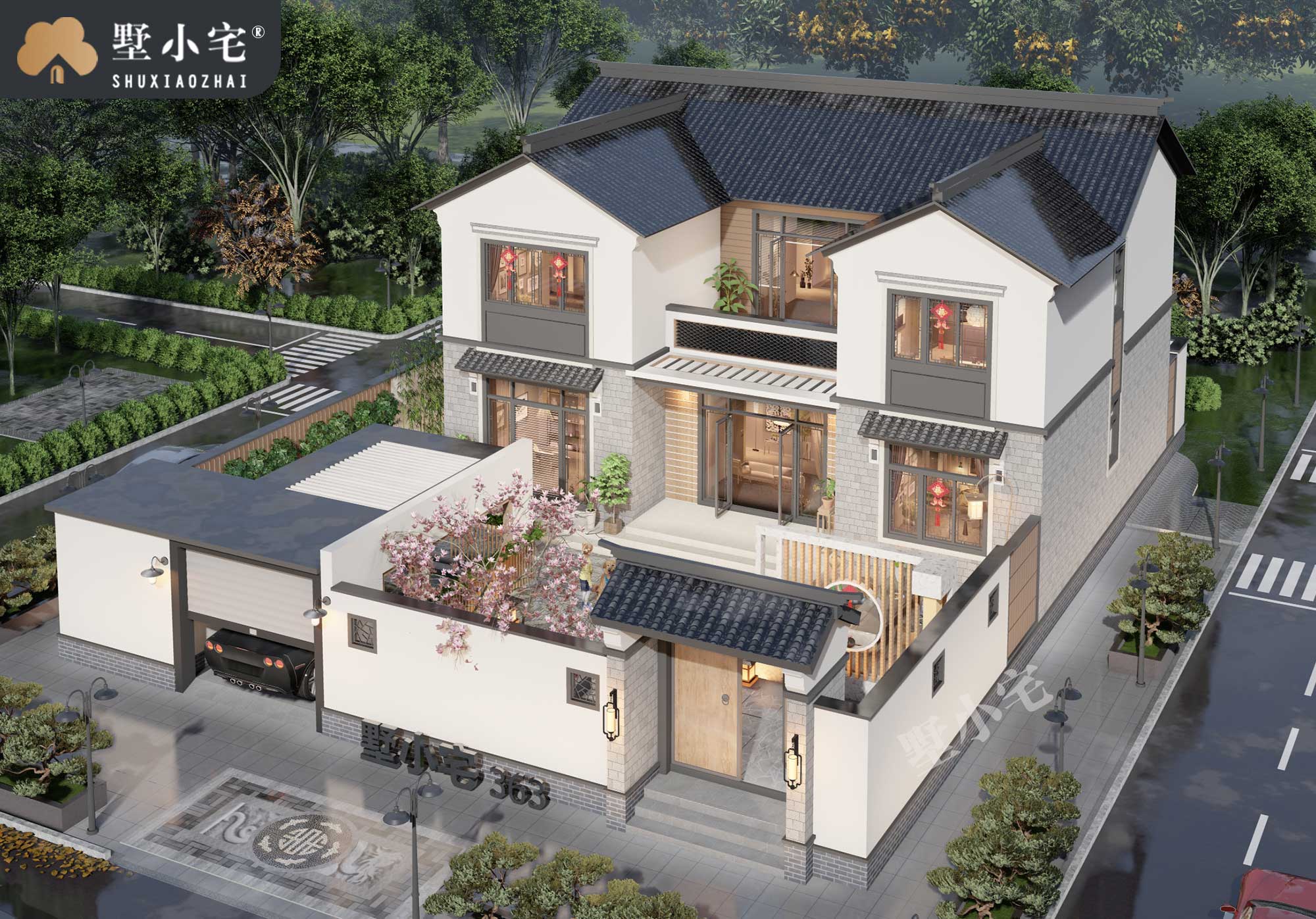 B287二层盖房子农村住宅设计图，带院子车库