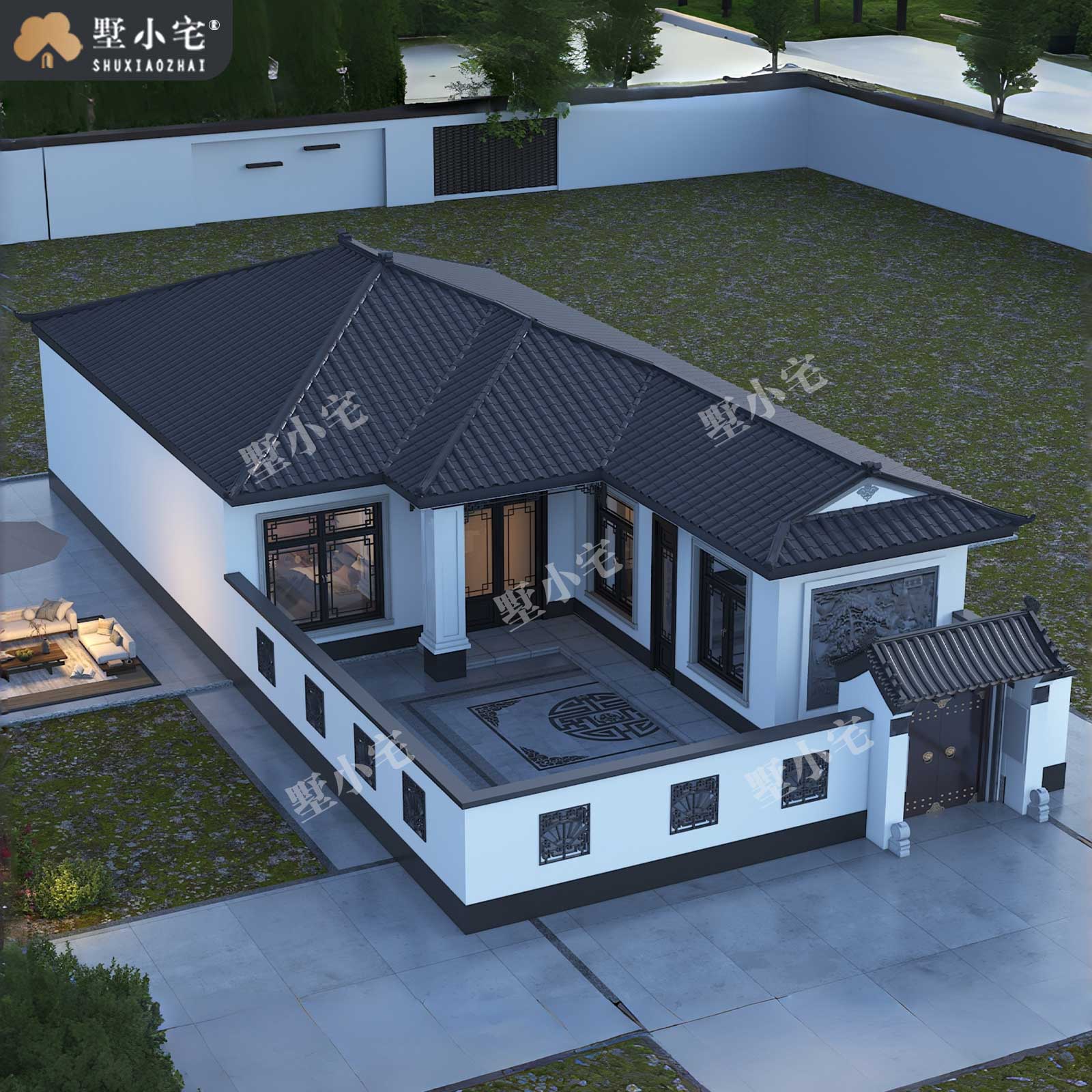 11x20.38米,A9060农村自建房七字户型一层中式别墅效果图设计全套盖房施工图，回乡建房养老首选