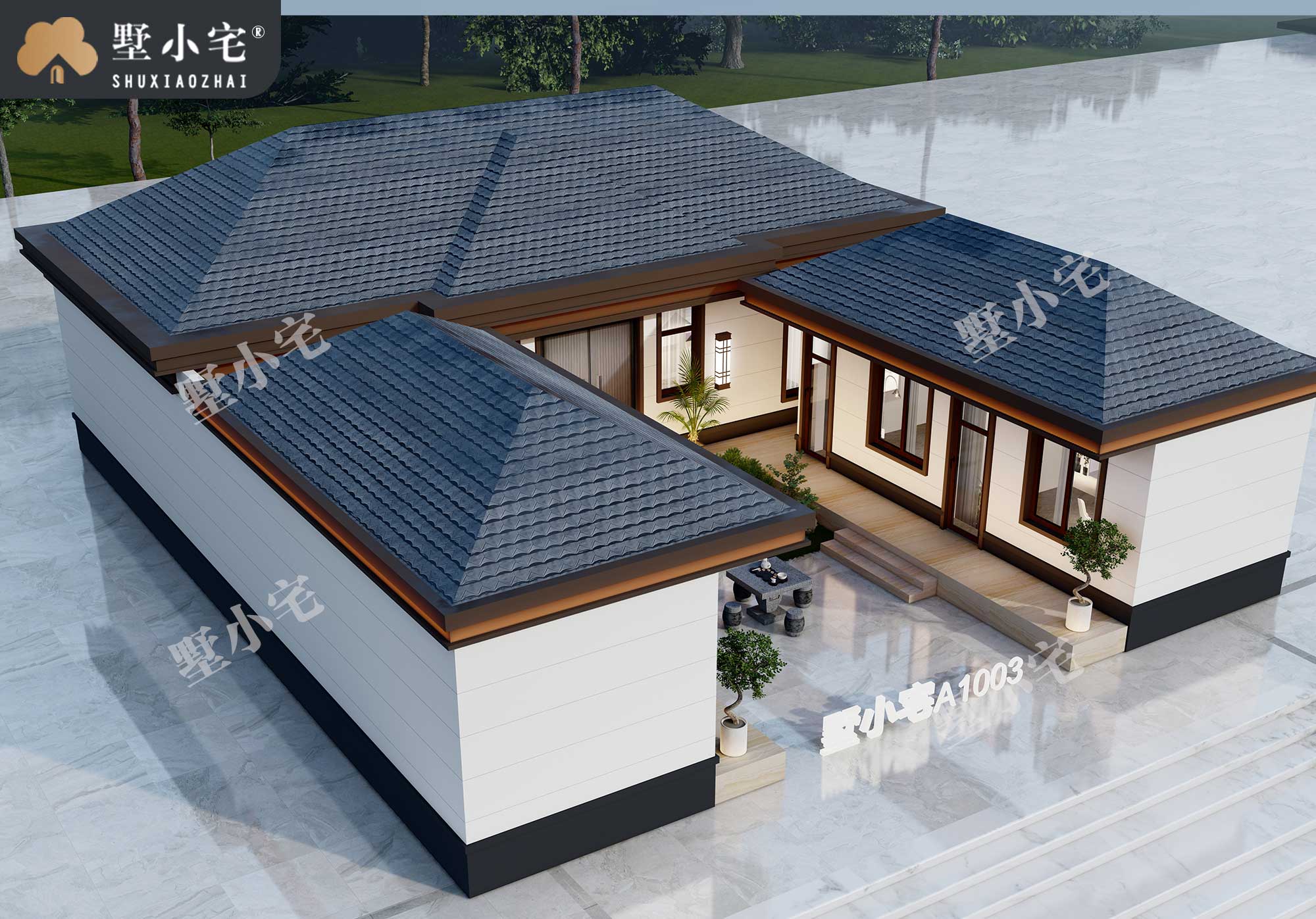 曾A1003中式一层三合院农村自建房屋设计图纸含效果图，带堂屋，15×17.18