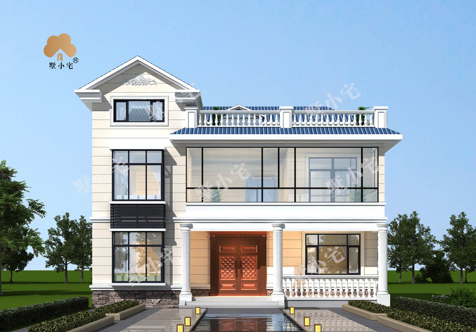 C1060农村三层欧式简约自建房子图纸设计方案，带露台，12×9.96