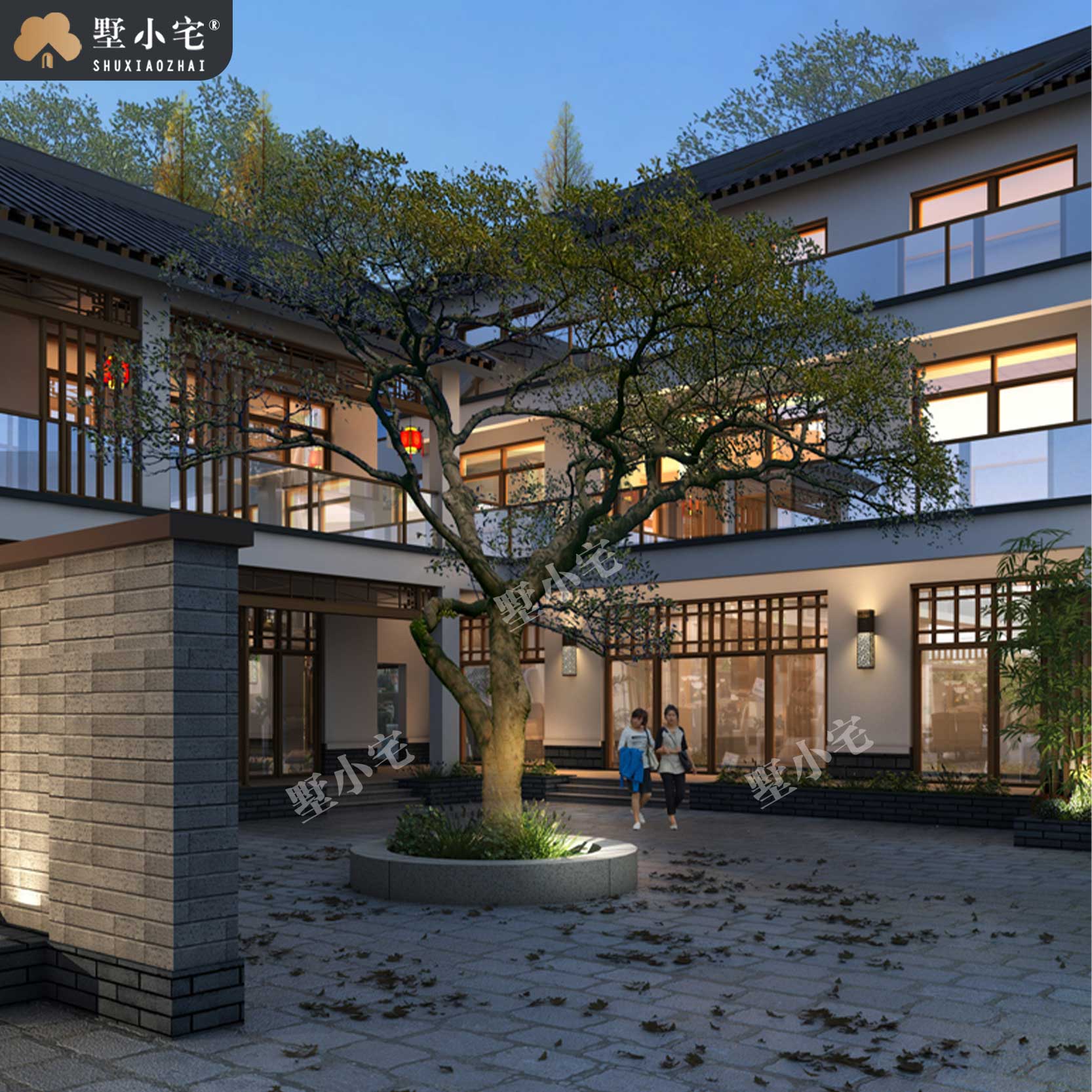 C885仿古建筑L型中式带庭院农村自建别墅设计图，带车库，三层四合院