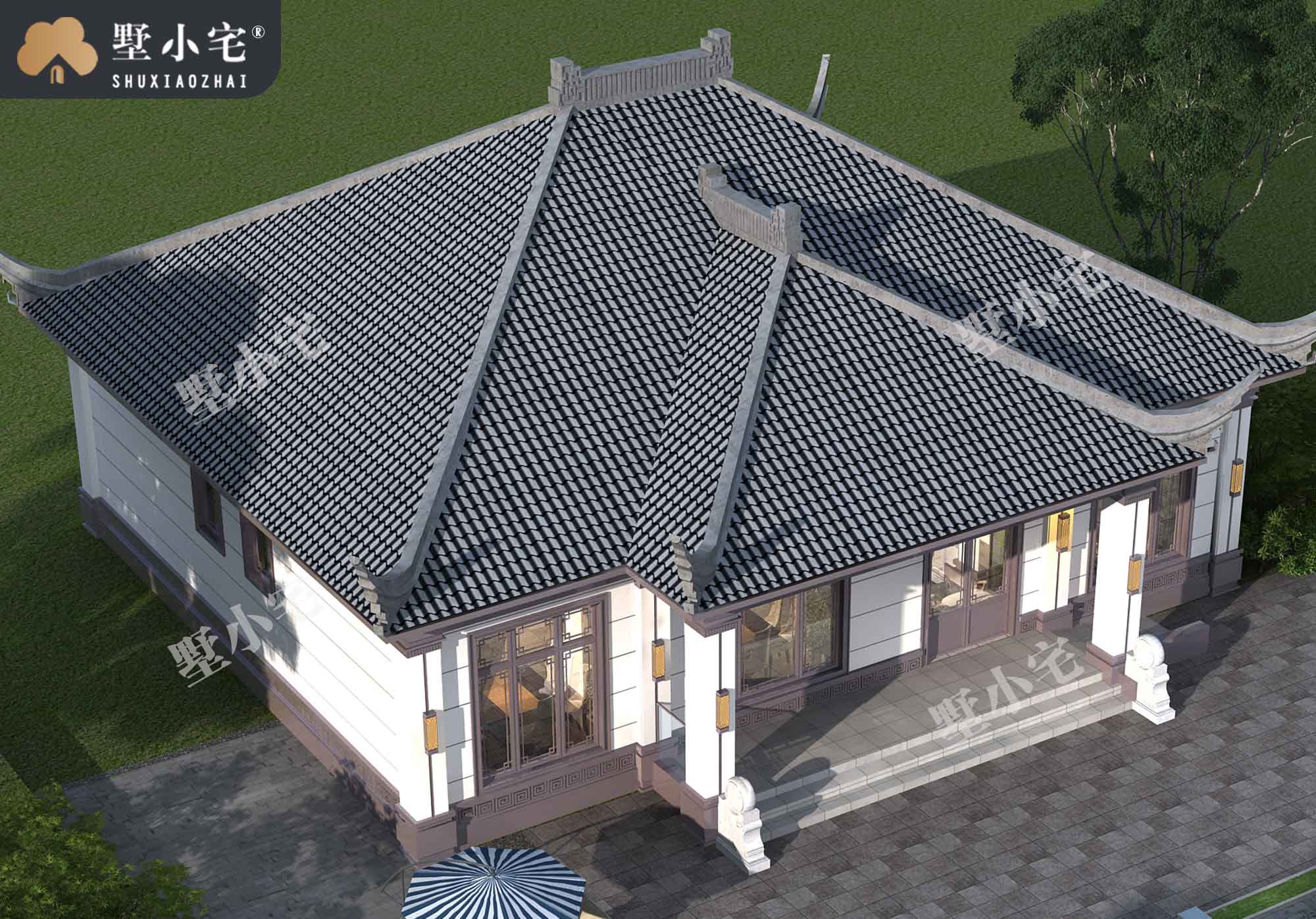 曾A1001新款一层新中式小别墅设计图纸含效果图，造价20万左右，15.76×14.76