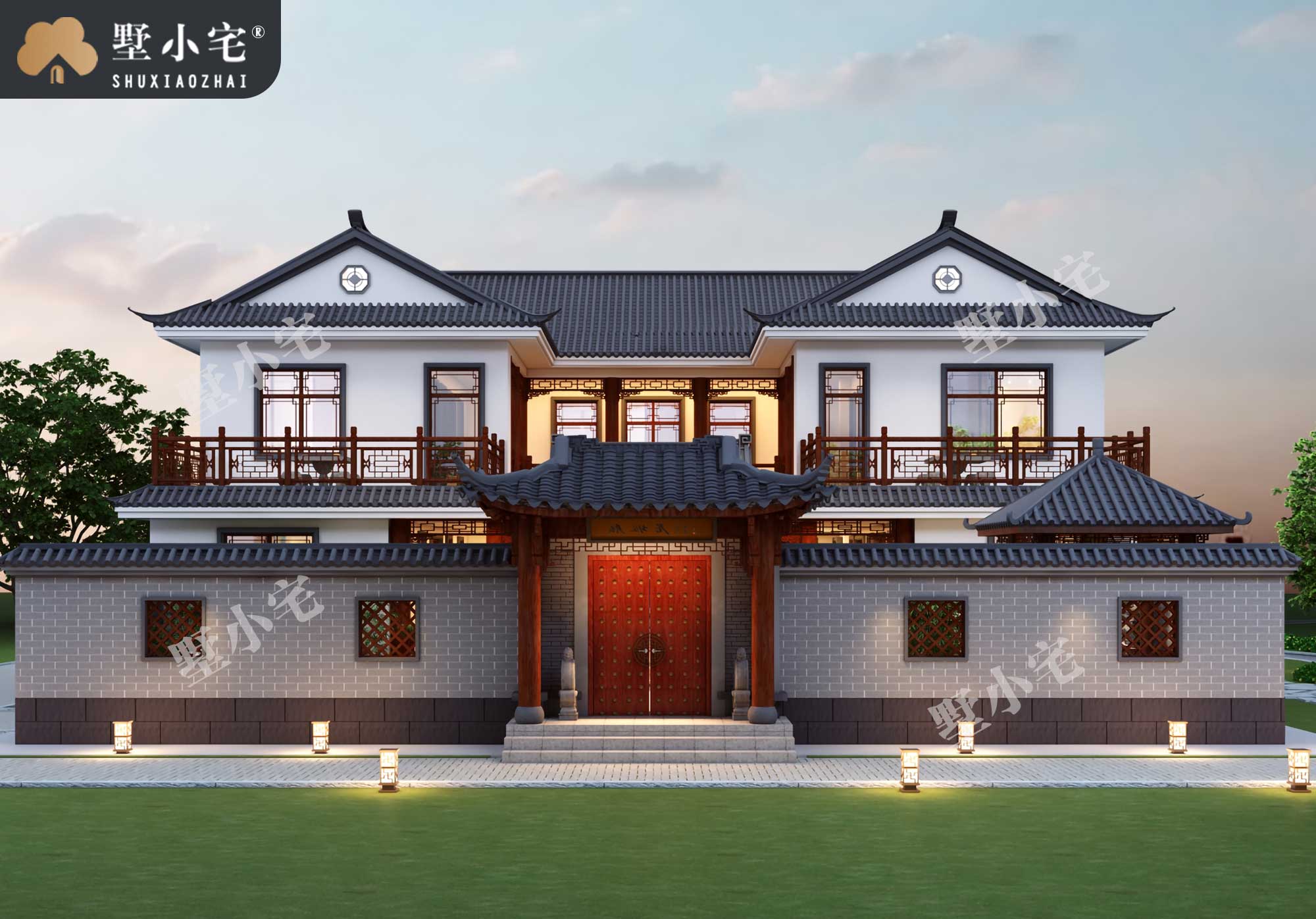 B1066农村小型四合院设计效果图及施工图，带堂屋，17.84×21.24
