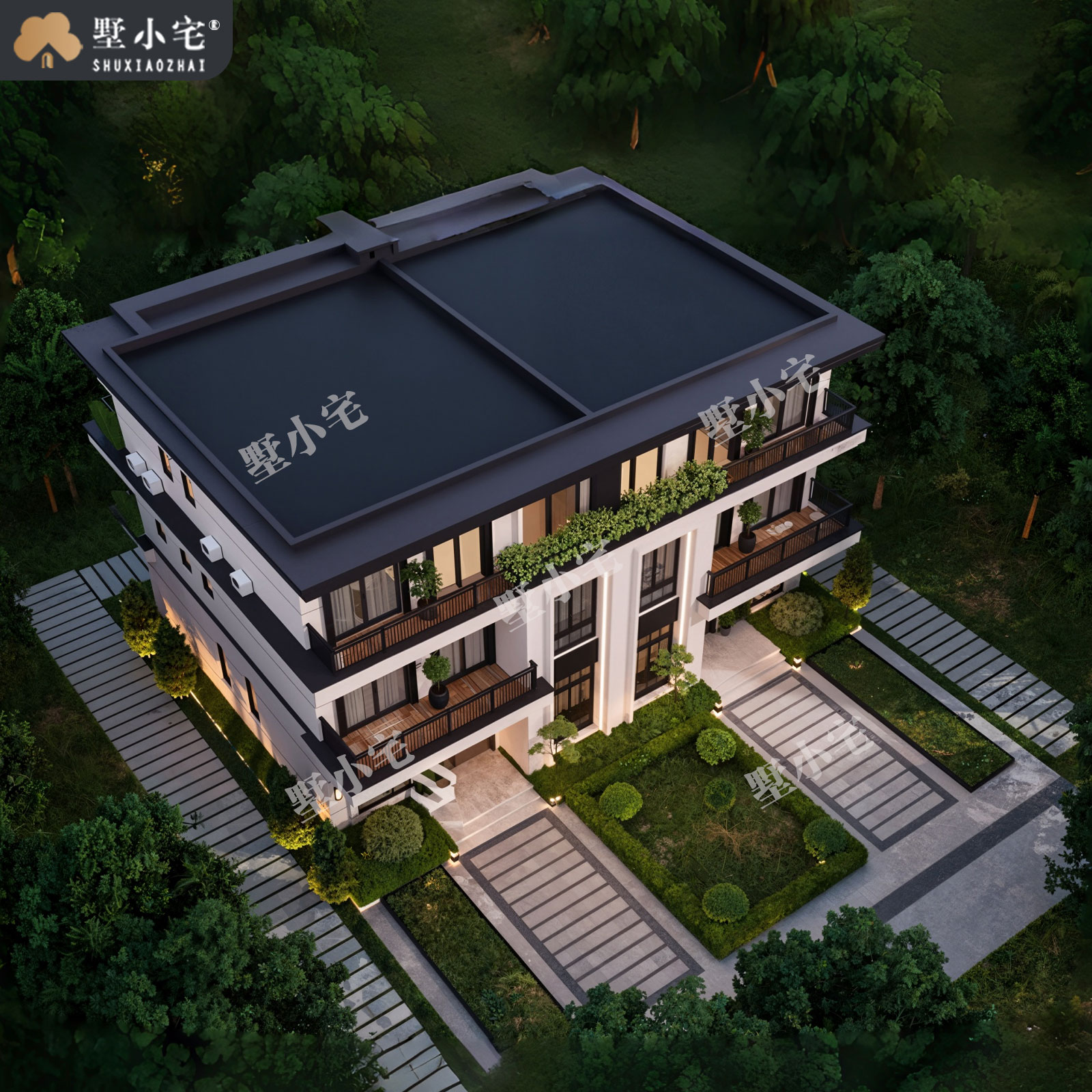 18x11米,C9240农村自建房双拼三层现代别墅外观设计全套盖房图纸，兄弟合建回乡建房的两全之选。