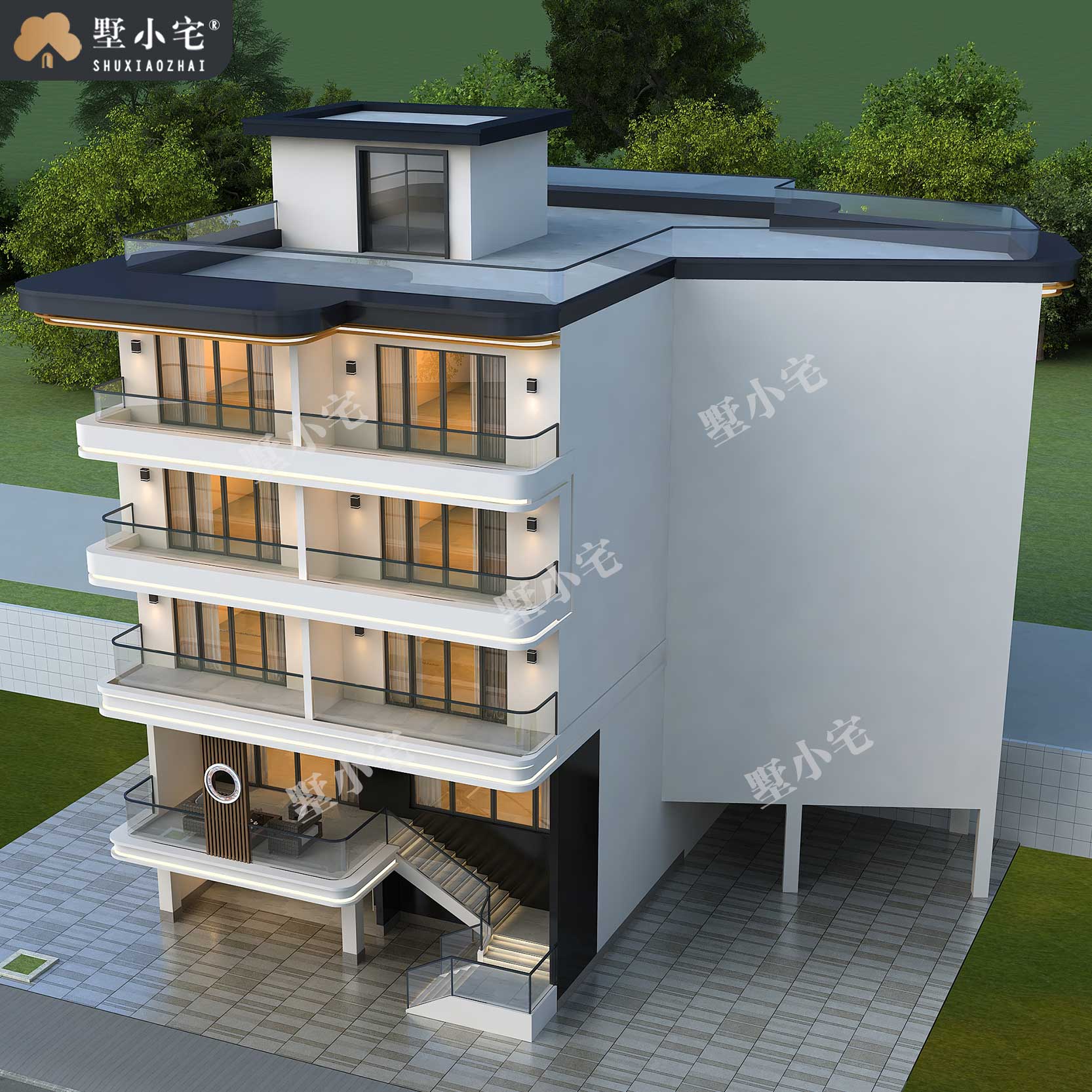 19.3x18.8米;E8619农村自建房五层现代风别墅带电梯设计全套盖房施工图纸，极致空间利用演绎垂直人居美学