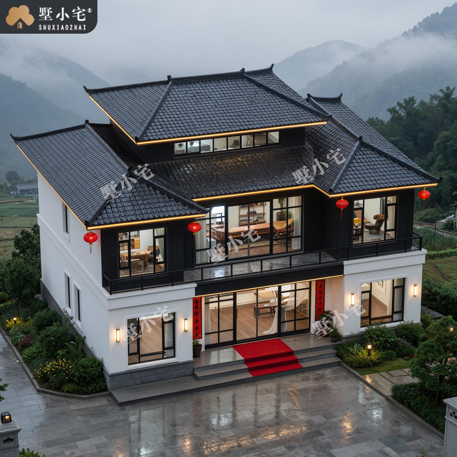 15x12米,B9239农村自建房二层宋式别墅外观设计全套建筑施工图纸，回乡建房的品位之选。