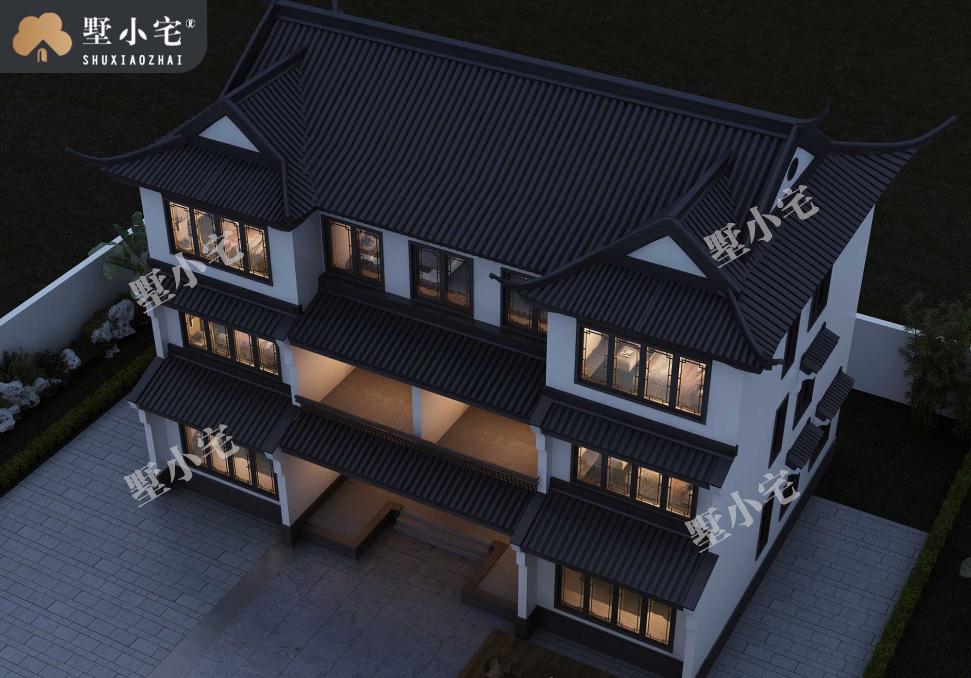 C1083中式农村兄弟合建三层双拼别墅全套设计图纸，古朴雅致代代相传，17.56×11.52