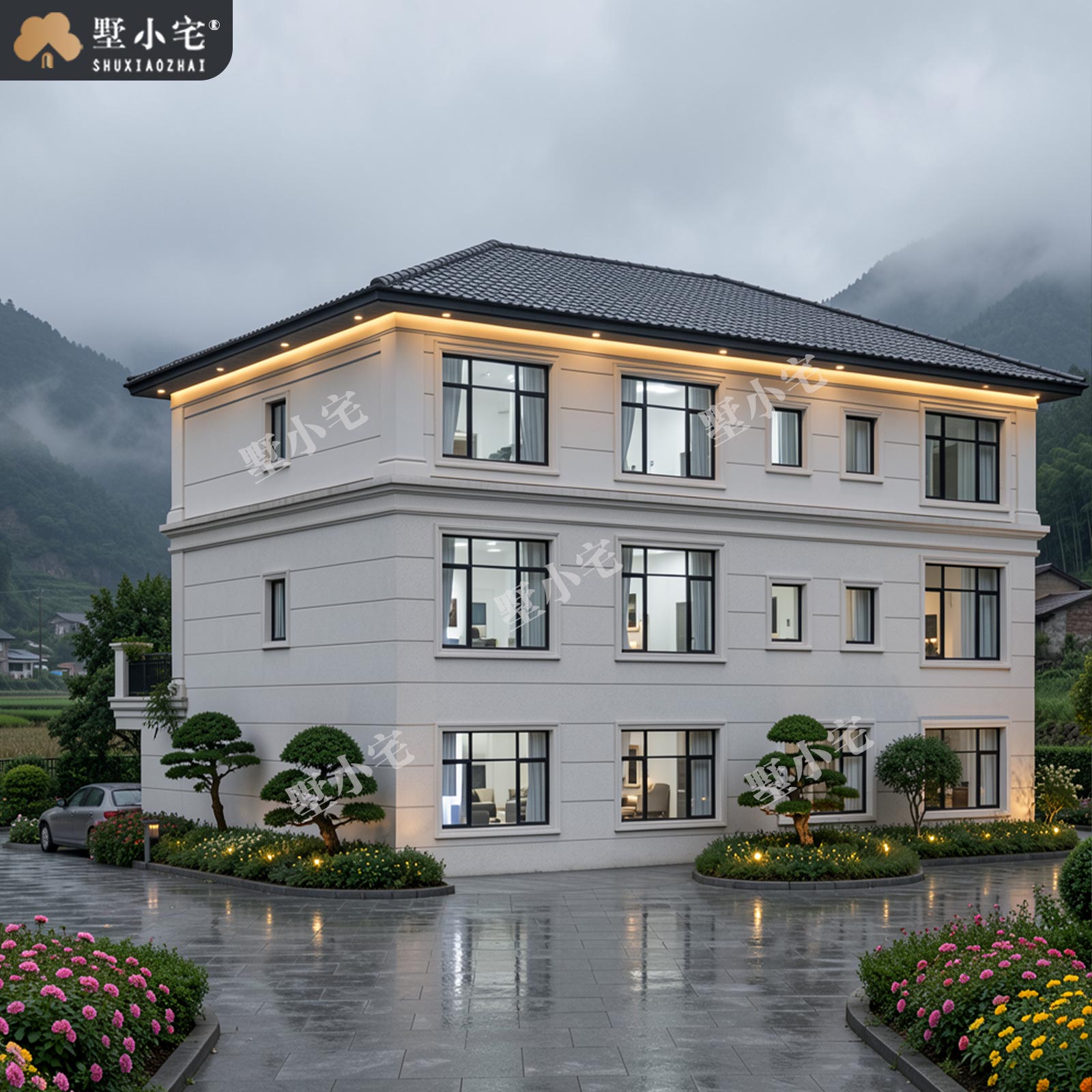 16.24x13.84米,C9236农村自建房带电梯三层欧式别墅外观设计全套建筑施工图纸，回乡建房的品质之选。
