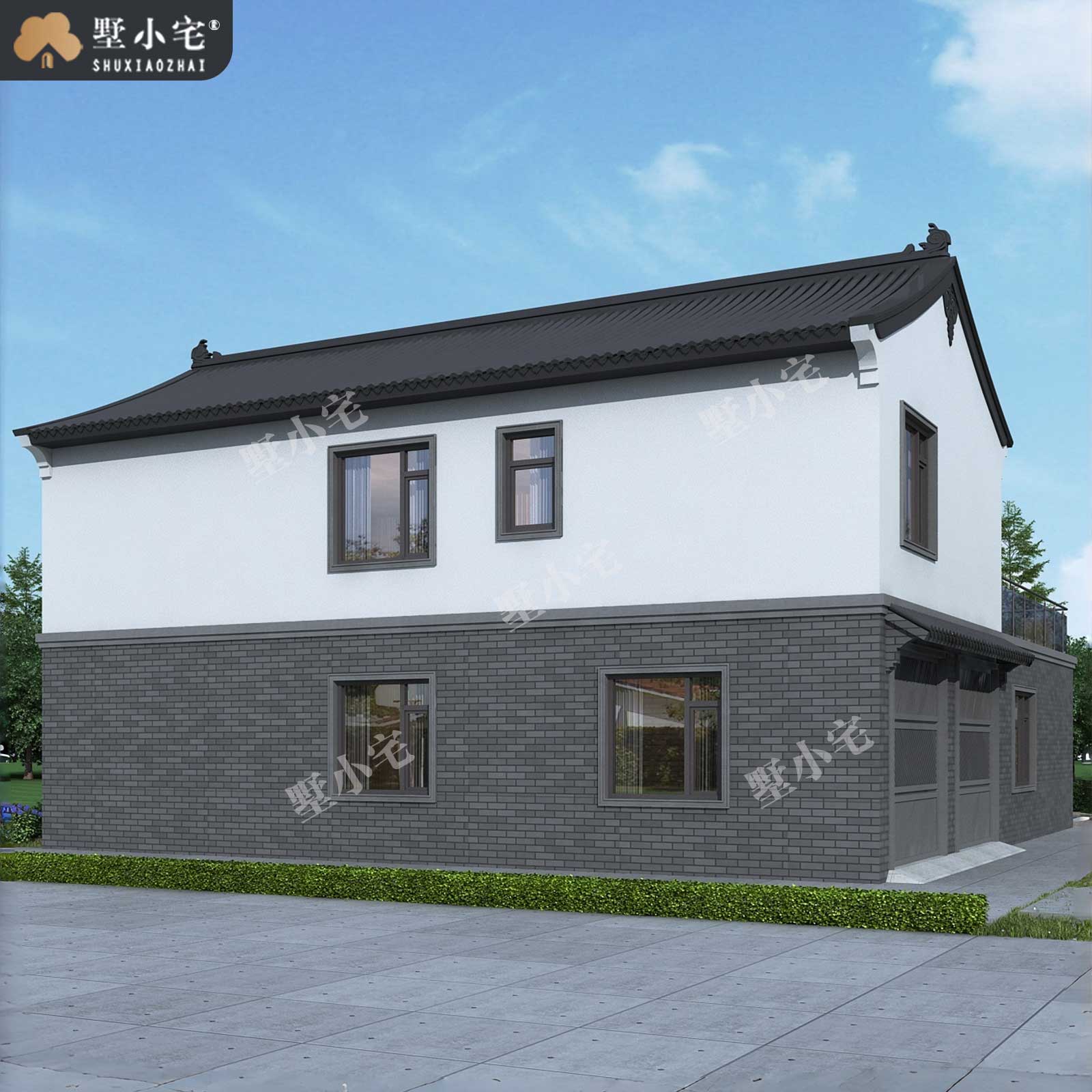 15x16米,B9047农村自建房七字户型带车库二层中式独栋别墅设计全套盖房图，回乡建房巧妙利用每一寸地