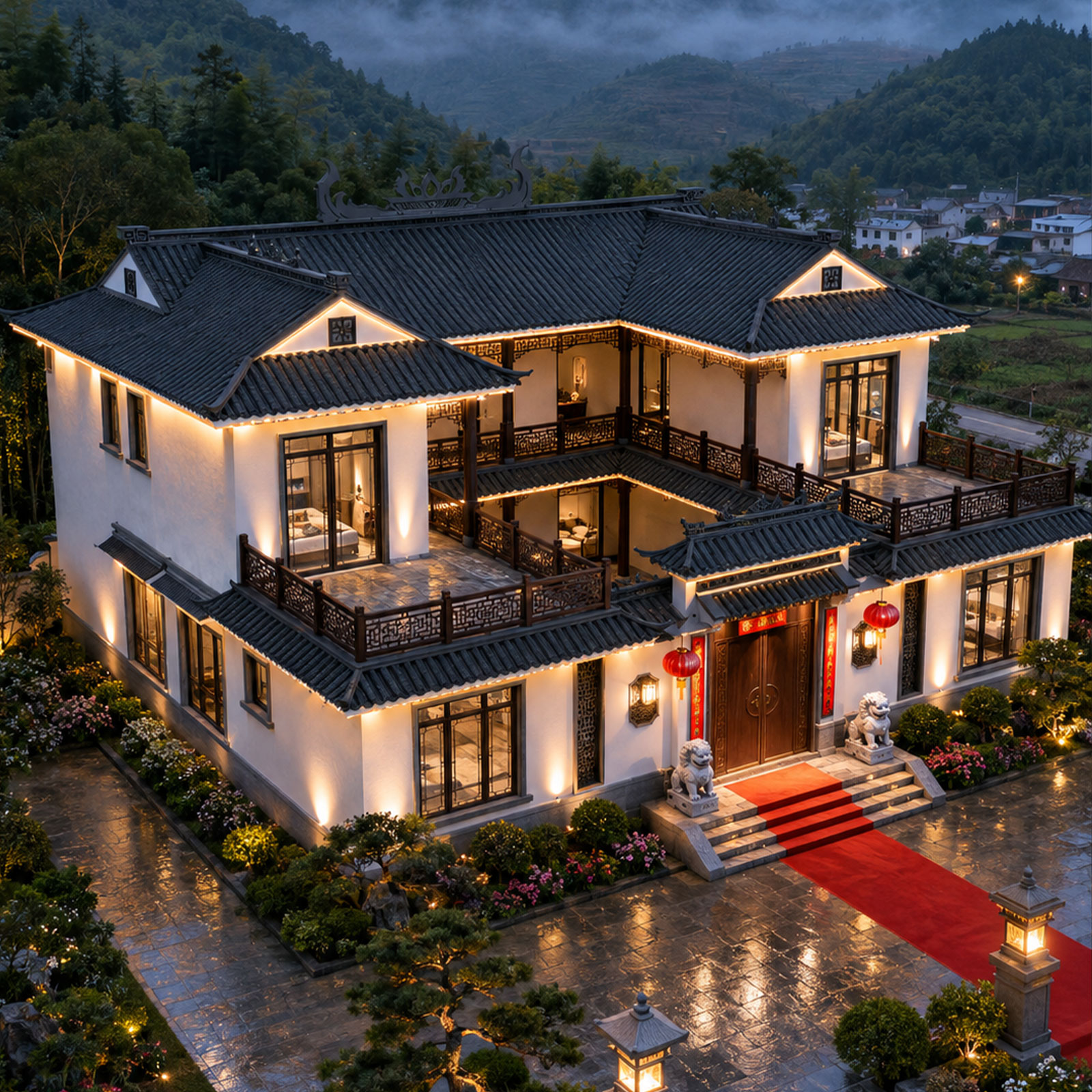 18x14.82米,B9174农村自建房带露台二层中式合院别墅外观设计全套盖房施工图，回乡建房传世雅宅