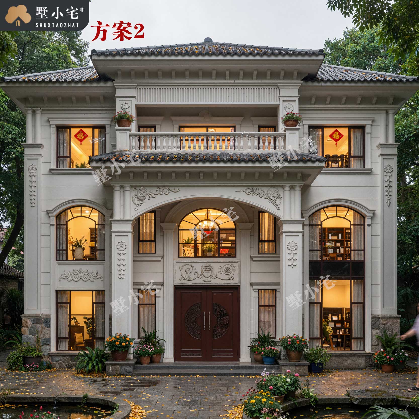 C1089农村三层欧式别墅建筑设计图纸带效果图片，两个方案，14.7×16