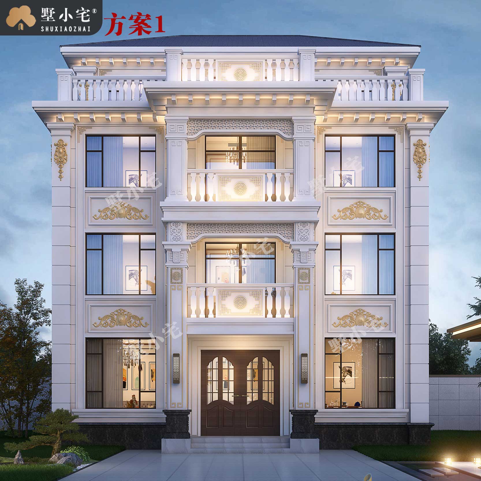D1019新农村四层豪华欧式别墅设计图纸，乡下自建楼房带效果图和全套施工图，带神龛和露台，12×14.46