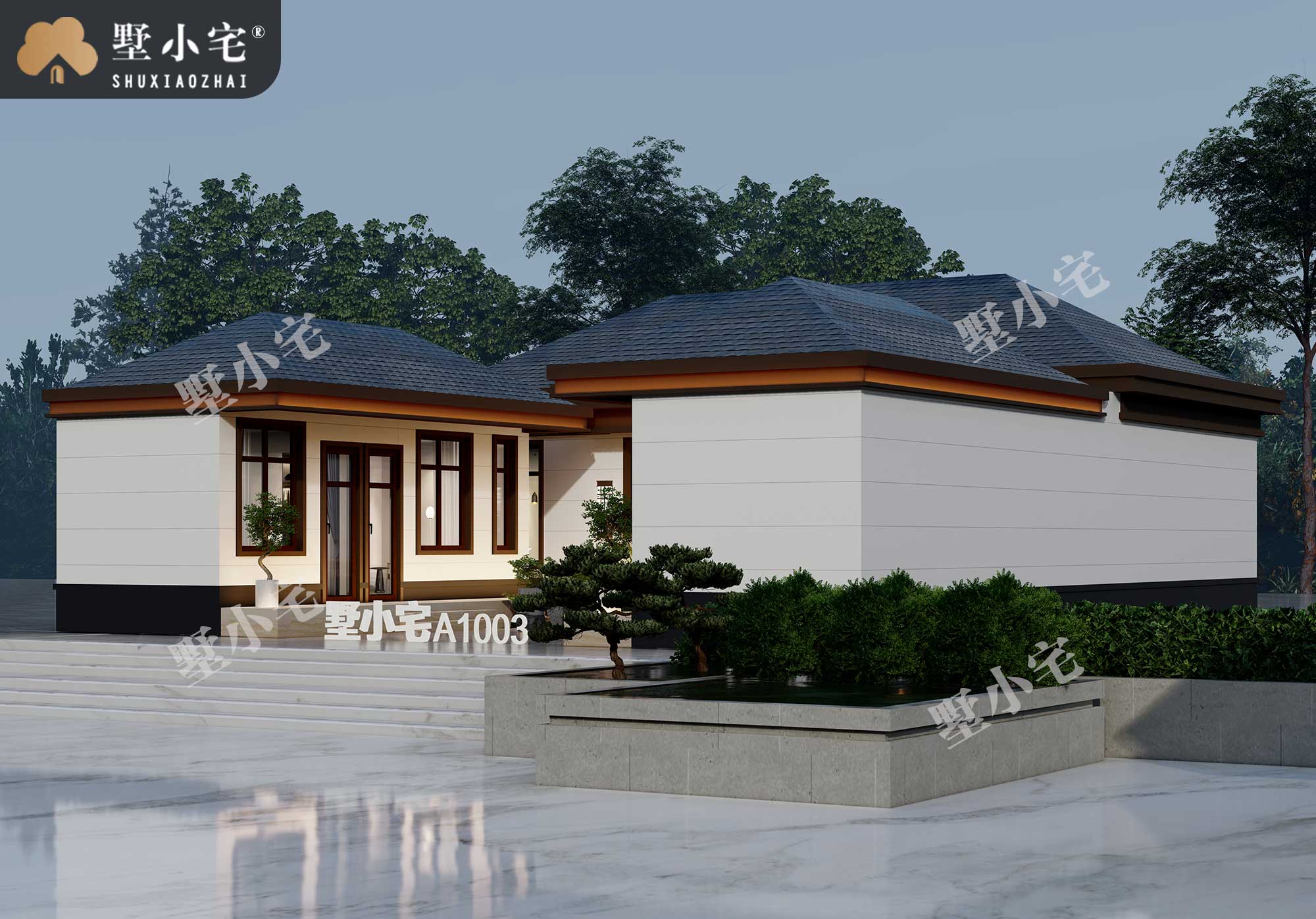 曾A1003中式一层三合院农村自建房屋设计图纸含效果图，带堂屋，15×17.18