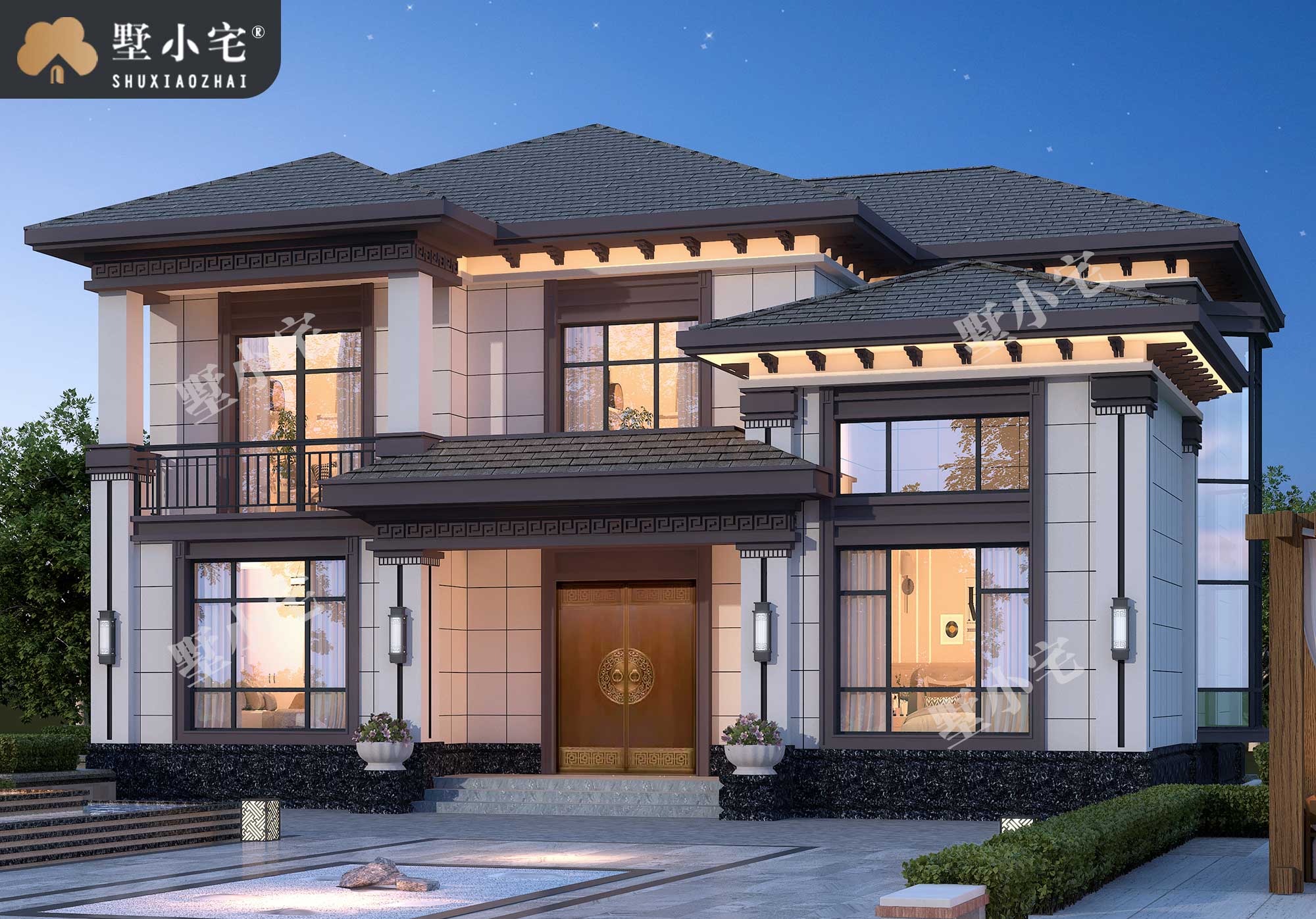曾B926农村新款两层自建房屋设计图，新中式风格古典大气15.08×11.92