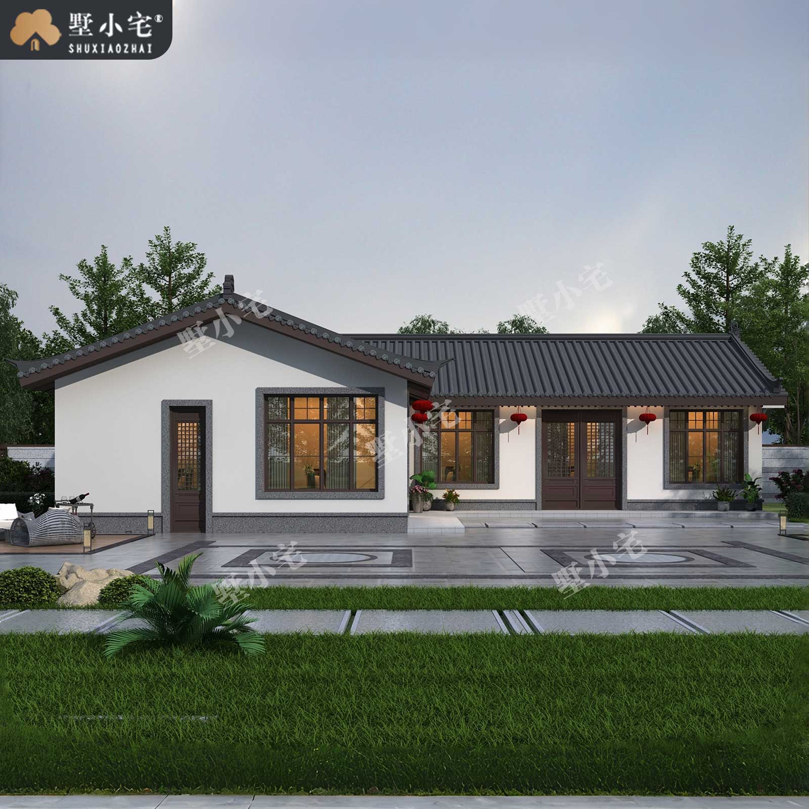 19.8x14.95米,A9059农村自建房七字户型带土灶一层中式别墅设计全套盖房施工图，回乡建房养老首选