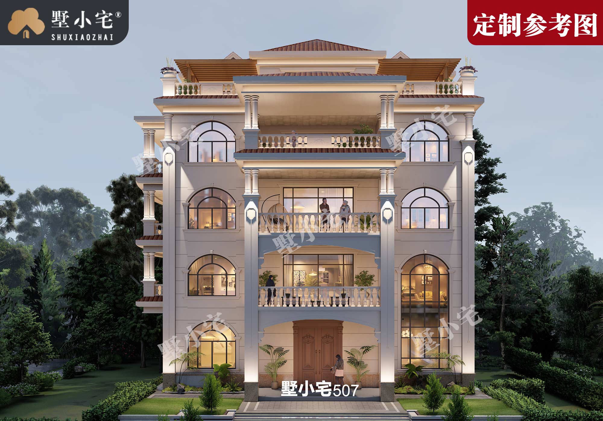 Y507【定制参考图】乡村五层豪华欧式别墅自建房设计图，外观图大气上档次，预售图18元/平	