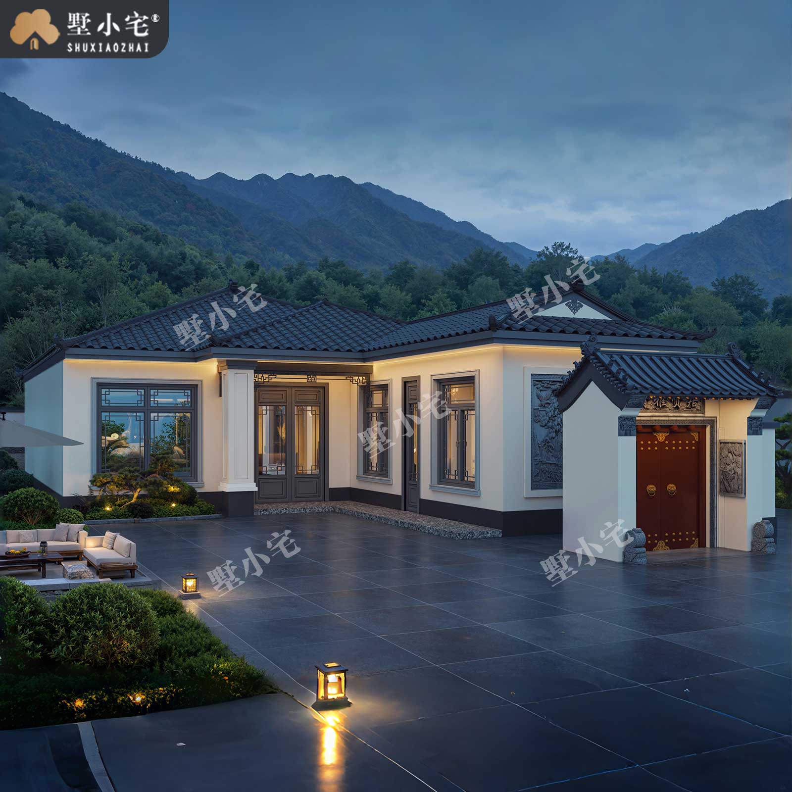 11x20.38米,A9060农村自建房七字户型一层中式别墅效果图设计全套盖房施工图，回乡建房养老首选