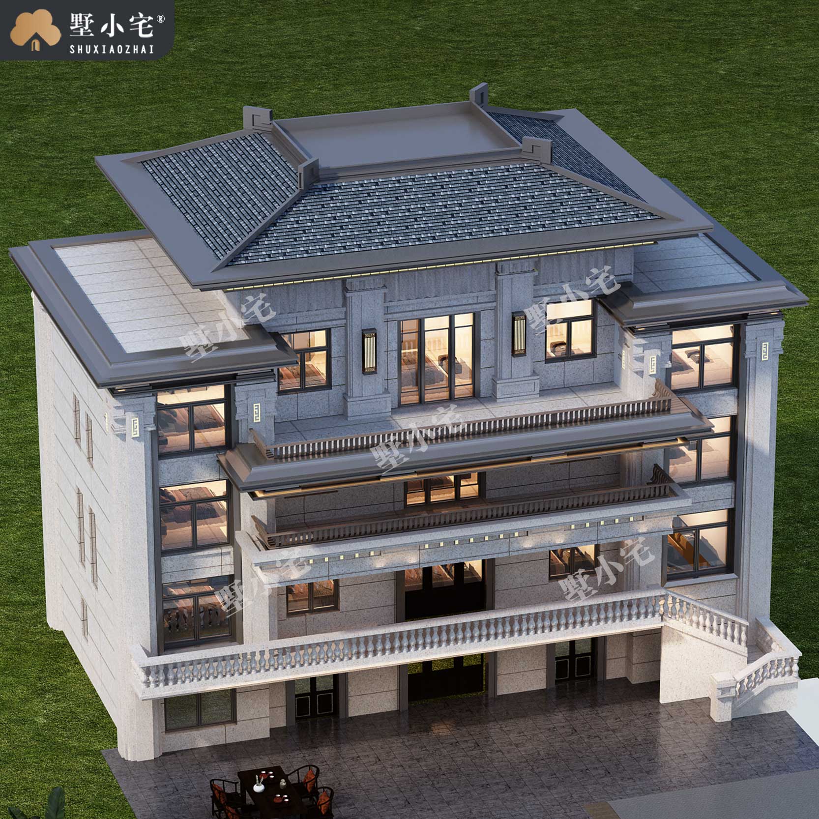 21.61x12.34米;E8586农村自建房五开间五层新中式别墅带堂屋设计全套盖房图纸，重塑现代家族大宅典范