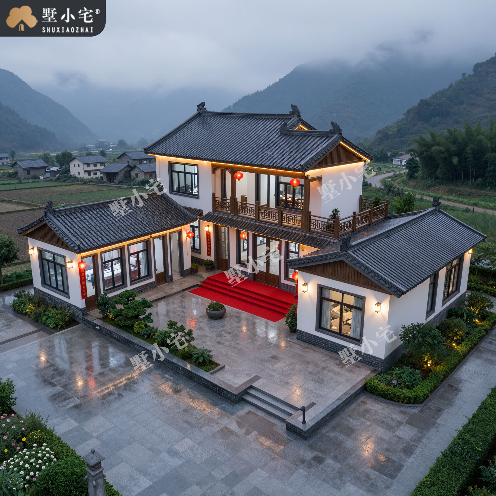 20.7x19.22米,B9234农村自建房带庭院二层中式别墅效果图设计盖房施工图纸，回乡建房的底蕴之选。
