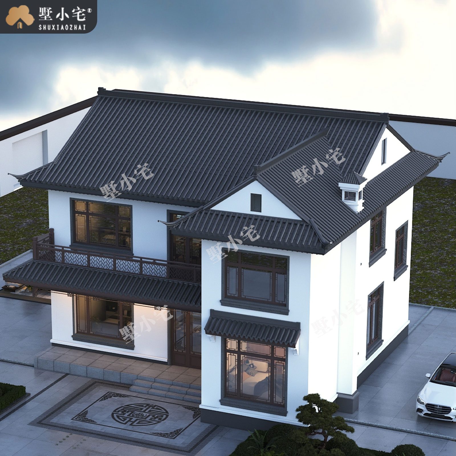 12.3x11.81米,B9125农村自建房带电梯二层中式独栋别墅外观设计盖房施工图纸全，回乡建房一步到位