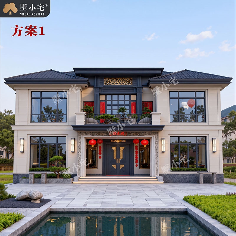 B1045新款农村新中式别墅外观图及全套施工图纸，两个方案可选，15×12