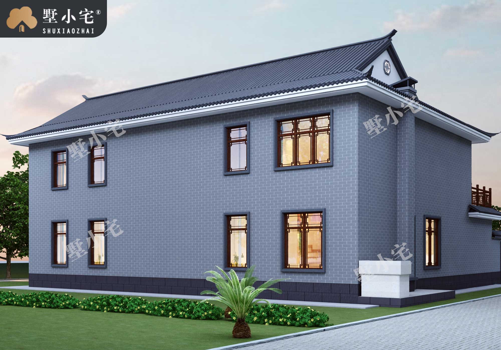 B1066农村小型四合院设计效果图及施工图，带堂屋，17.84×21.24