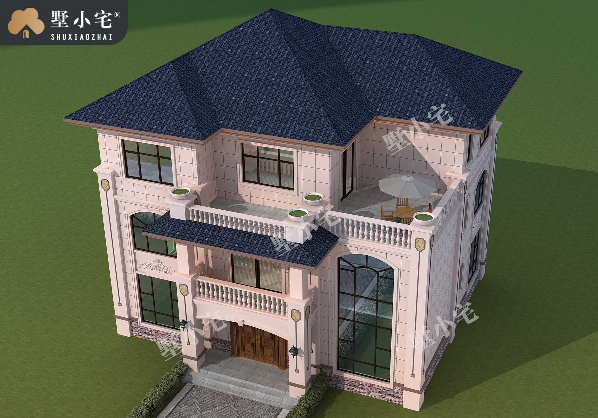 曾C1036新农村自建三层欧式别墅设计施工图纸及效果图，复式挑空客厅，14.5×13.3