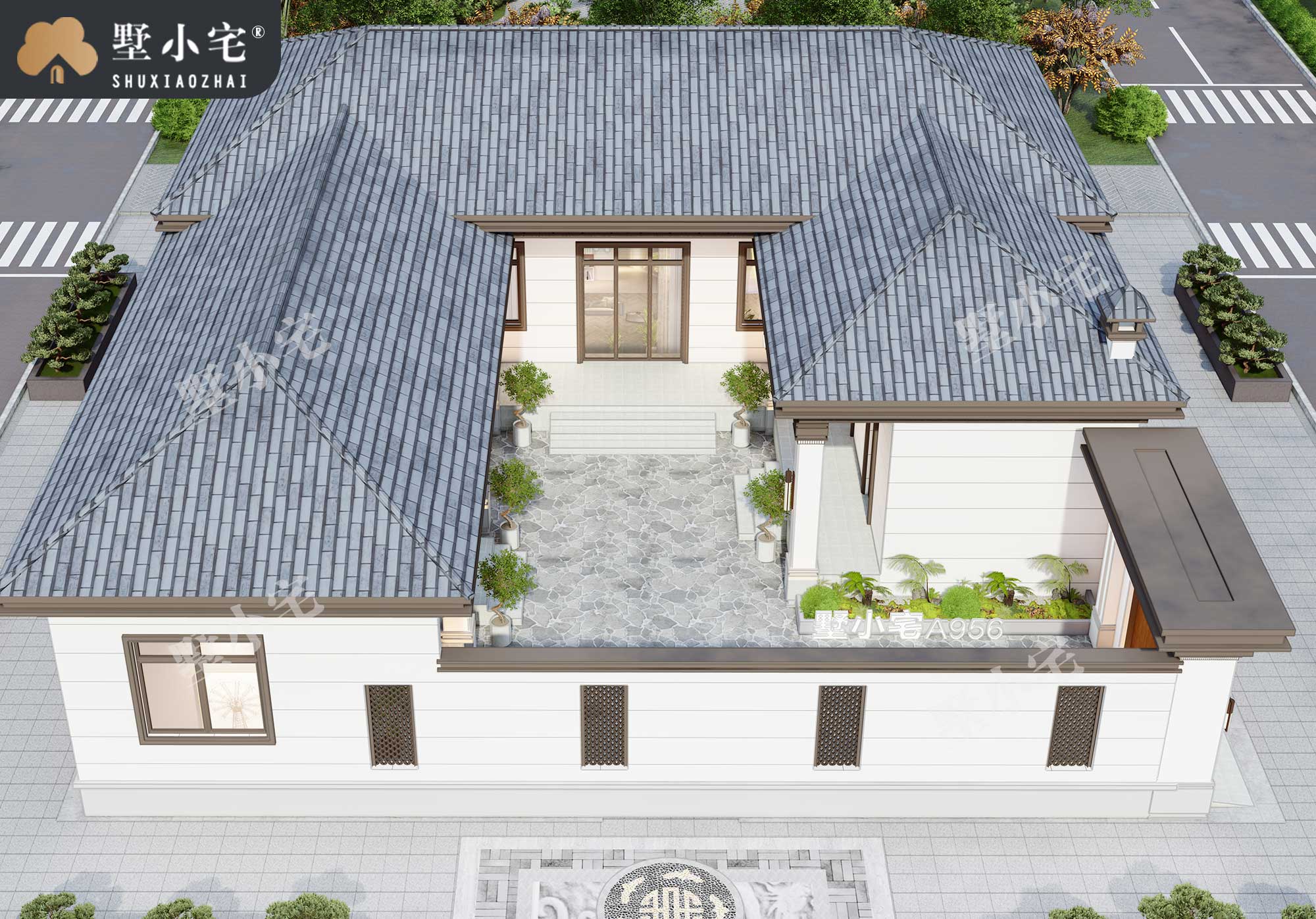 曾A956农村一层仿古中式四合院别墅设计方案图，带庭院户型图，16.76×18.76
