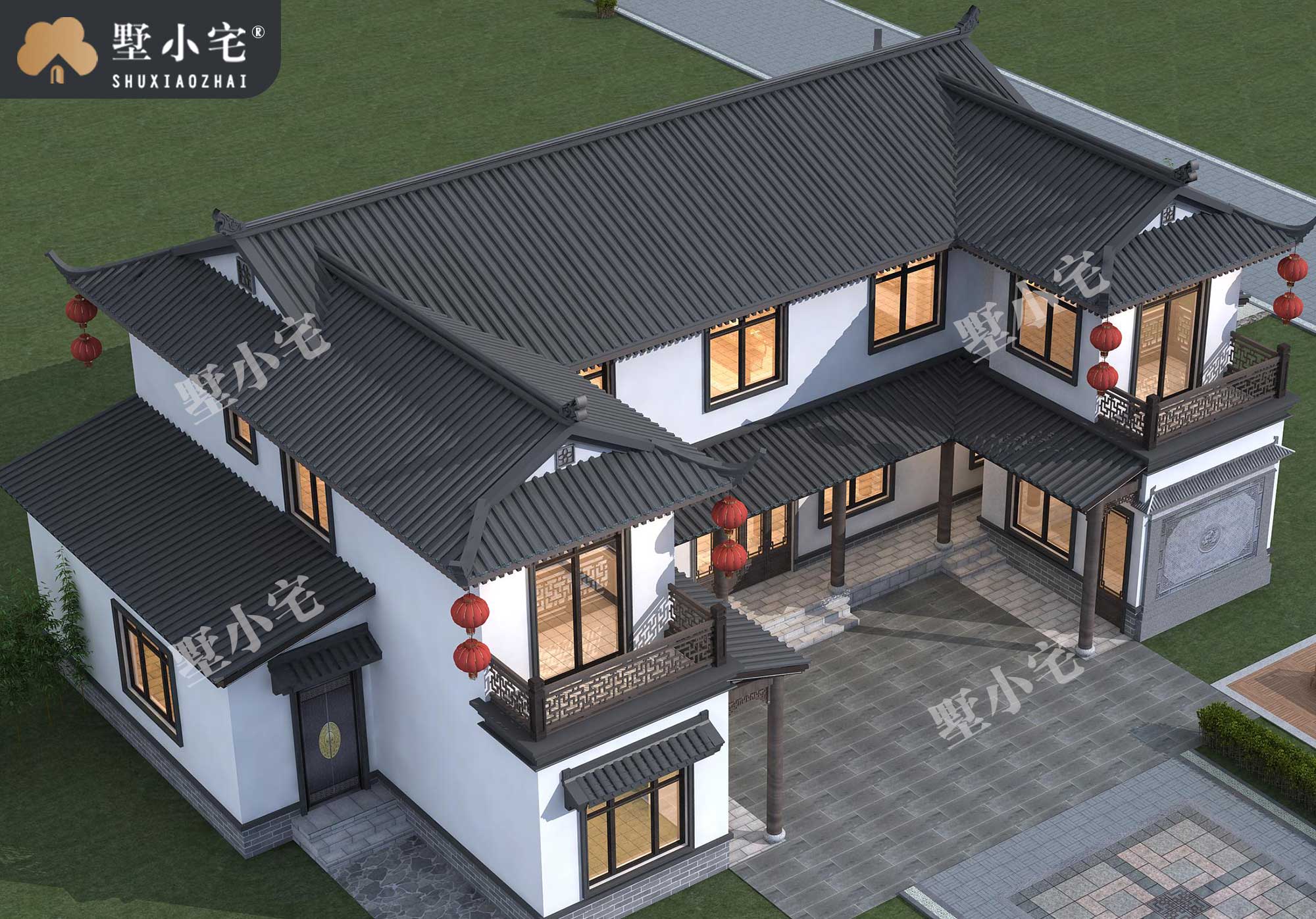 曾B946乡村典型自建房中式二层仿古四合院别墅设计图，白墙灰瓦，古色古香，23.9×13.74