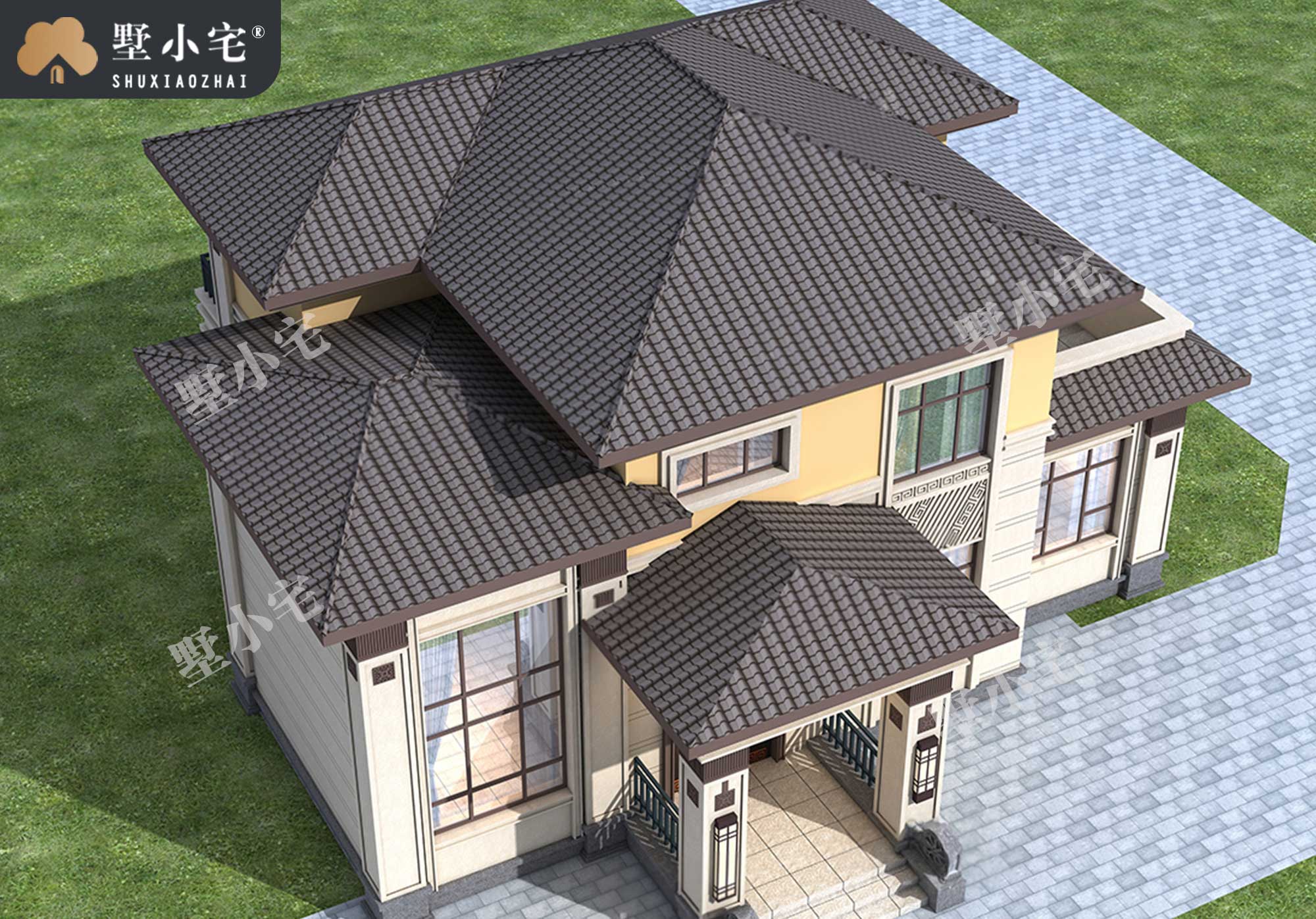 曾B1037农村二层新中式小别墅自建房屋设计图，复式挑空客厅，14.4×9.3