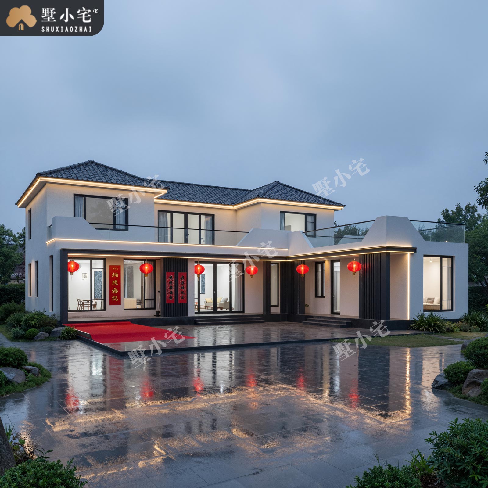 17.76x19.36米,B9167农村自建房七字户型二层现代风别墅效果图设计盖房施工图纸，回乡建房巧妙利用每一寸地