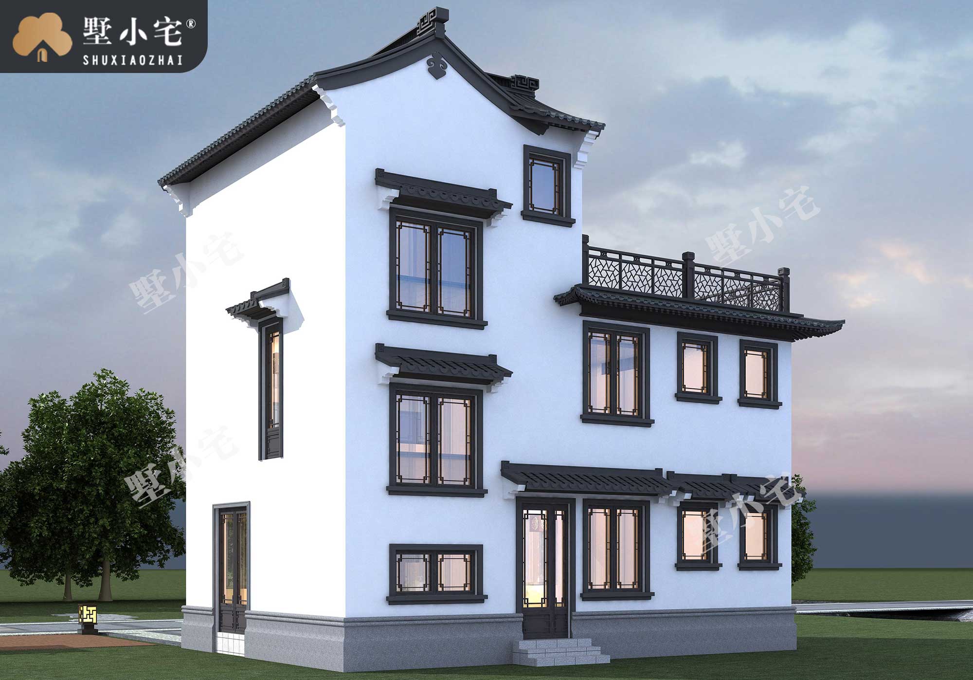曾C1028占地90平米新农村三层中式小别墅设计施工图纸及效果图，造价20万左右，11.25×8