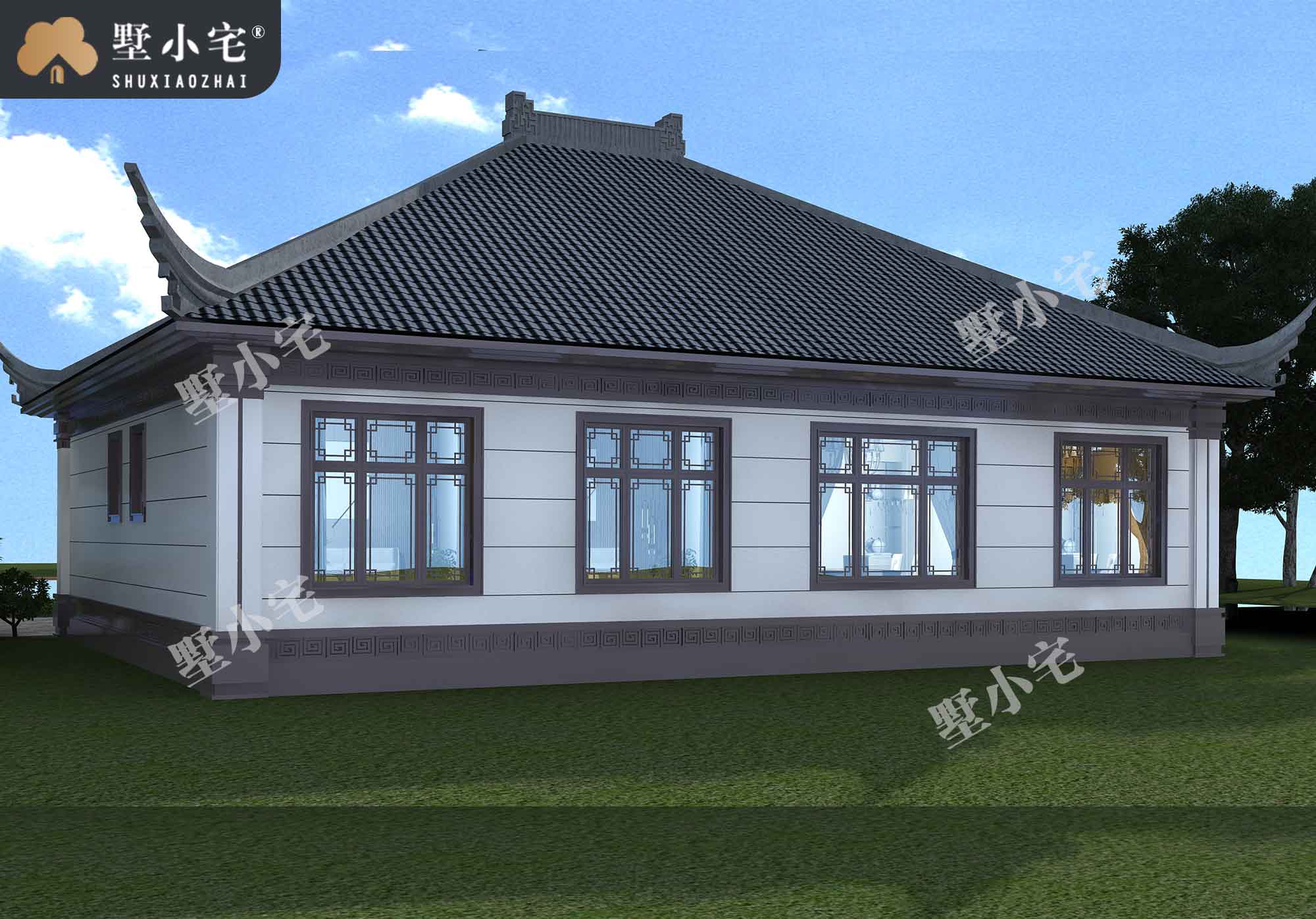 曾A1001新款一层新中式小别墅设计图纸含效果图，造价20万左右，15.76×14.76