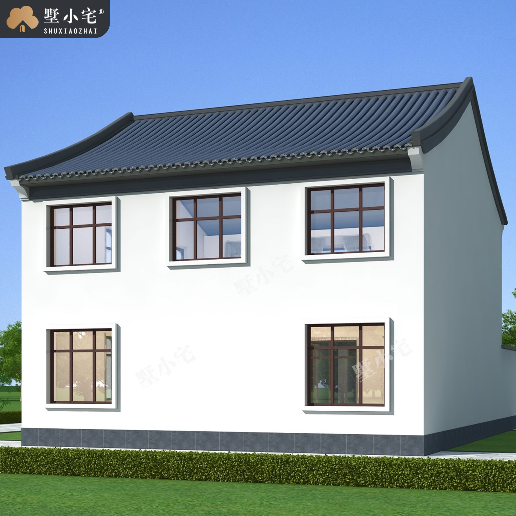 曾B1029农村二层仿古中式带小院自建房屋设计图纸，白墙灰瓦，古朴典雅，9.76×14.76