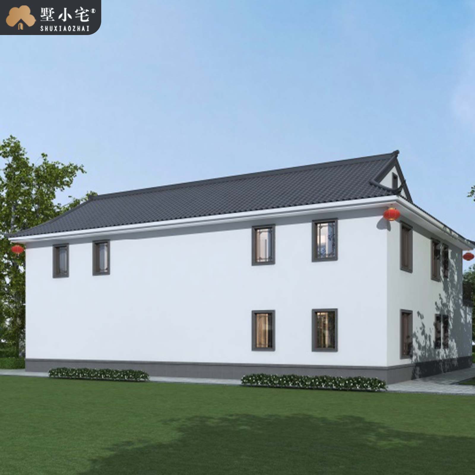 19.6x16.7米,B9172农村自建房带露台二层中式三合院别墅外观设计全套盖房图纸，回乡建房传世雅宅