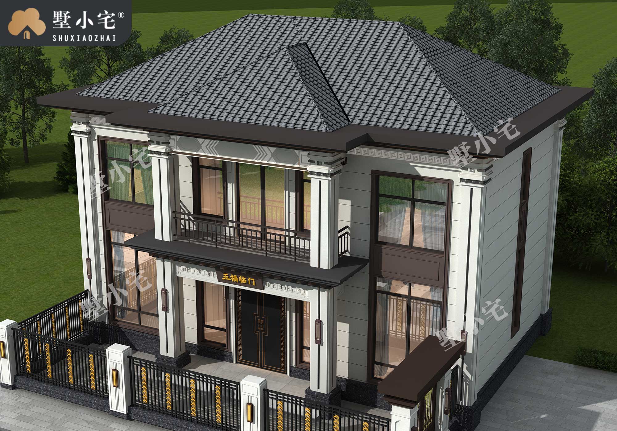 曾B1023二层新中式经典新农村小别墅设计建筑图纸，带小院，简约大气，16×14.9