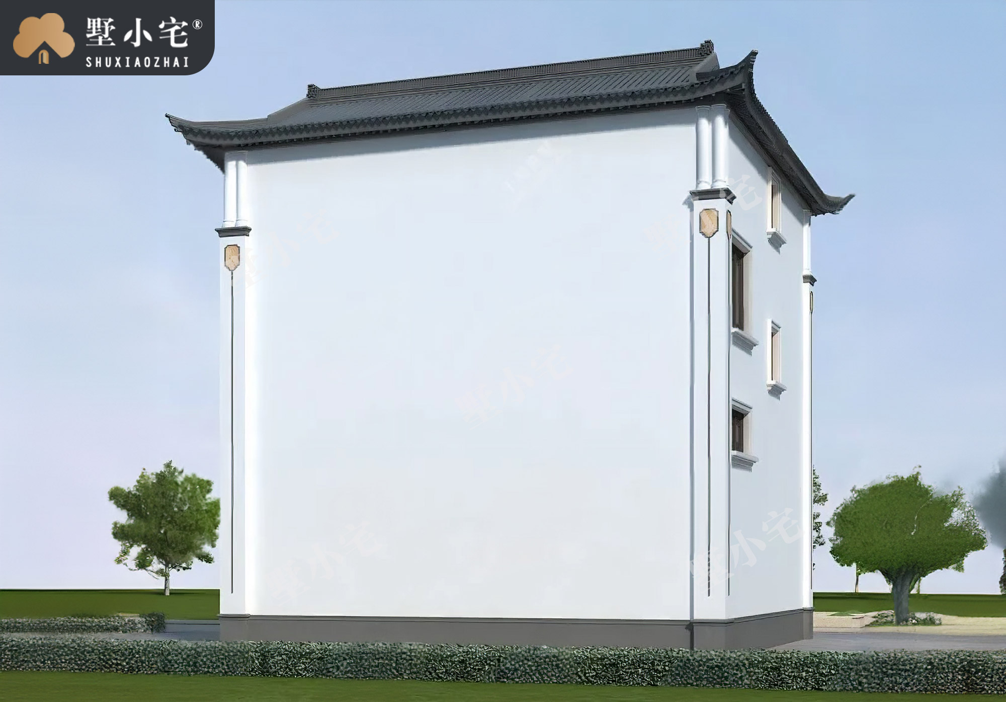 C1187网红三层中式别墅设计图，农村仿古建筑自建房屋外观效果图，带堂屋，10.5×10米