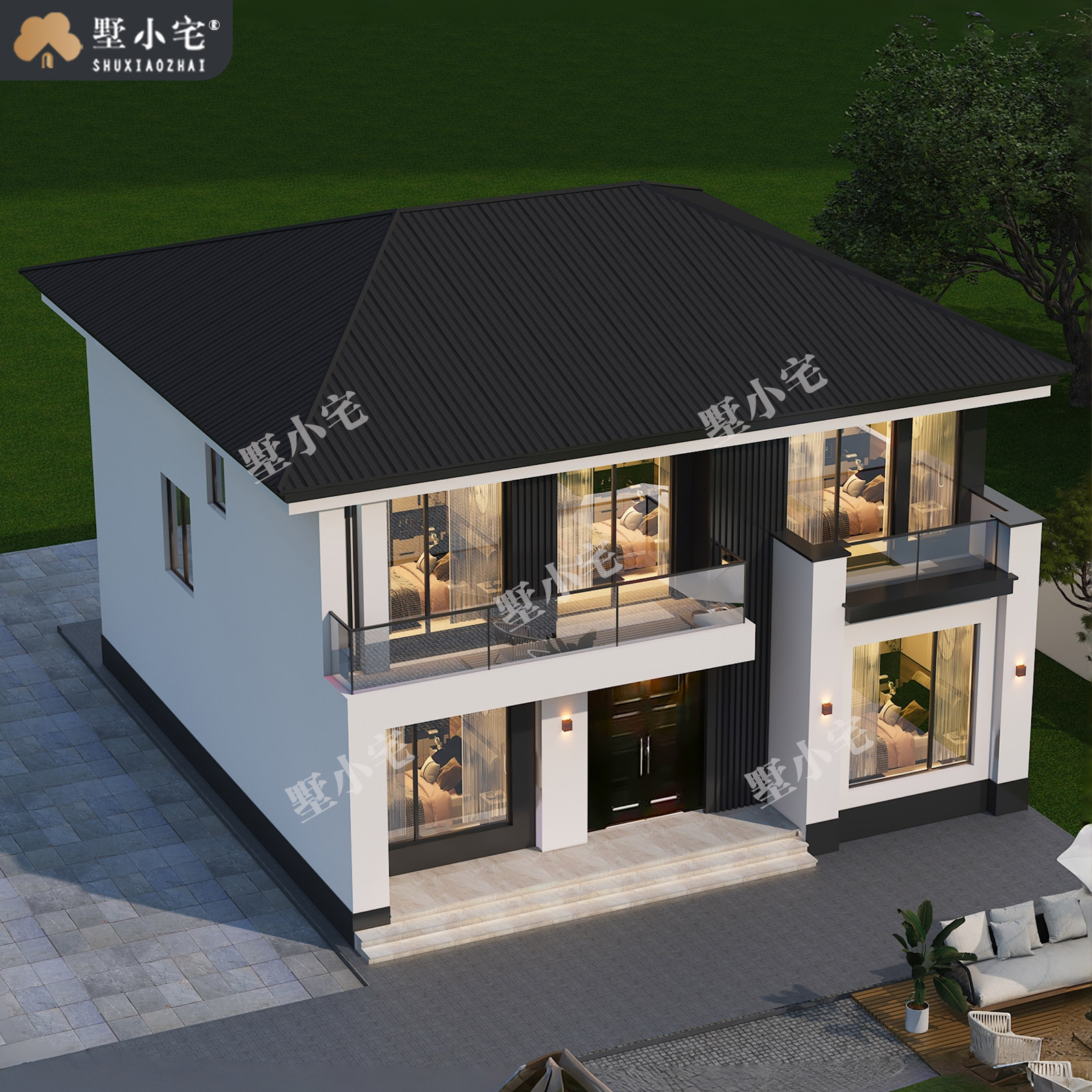 12.5x12米,B9122农村自建房三开间二层现代风格别墅外观设计全套盖房施工图，回乡建房省钱又高级