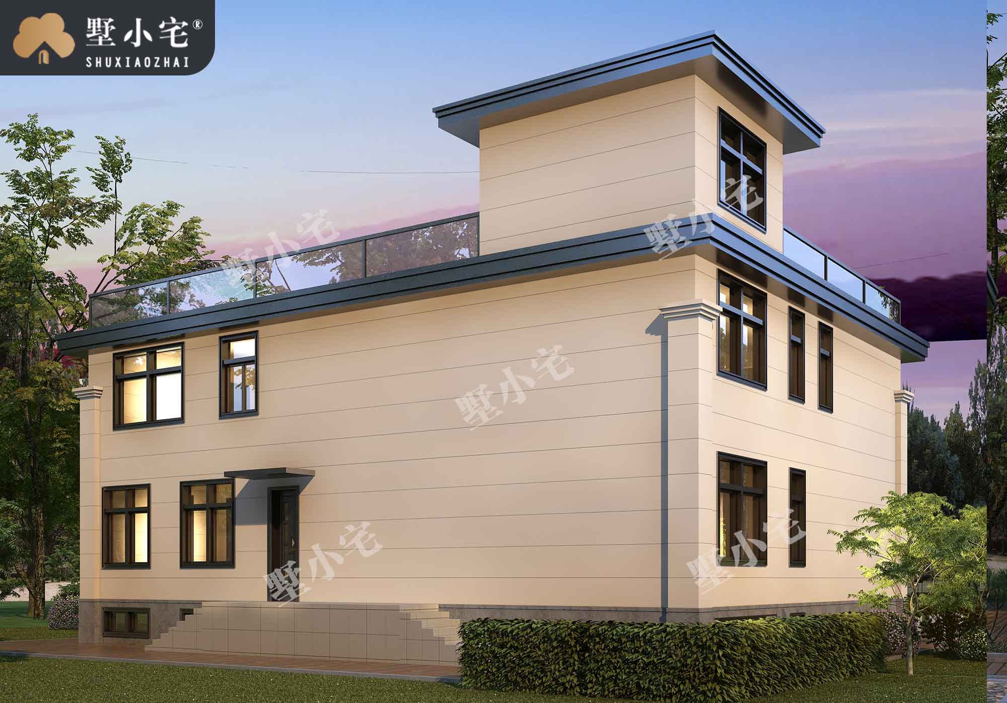 曾B1052农村带地下室两层新中式自建房屋设计图，带电梯设计，17.24×14.37