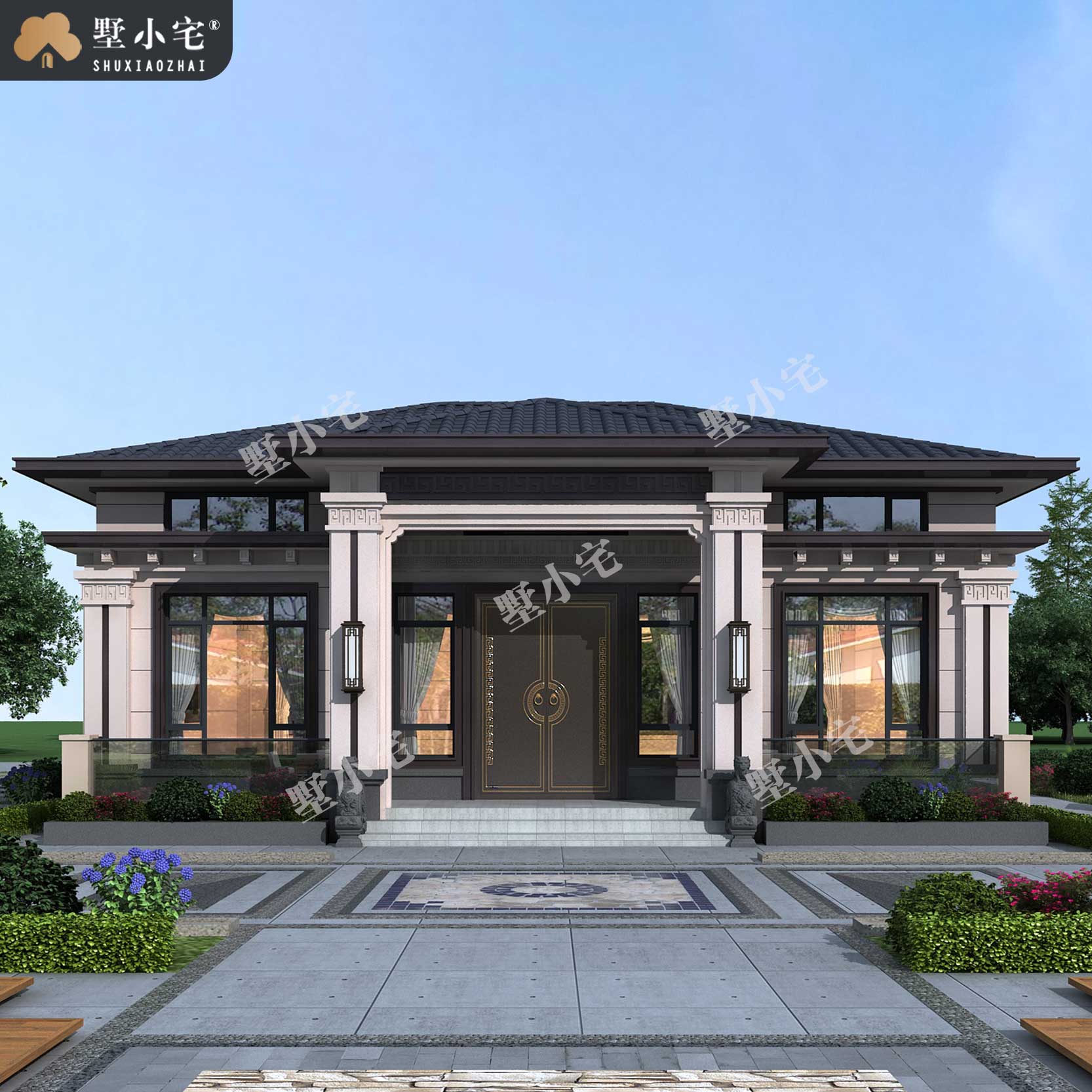 13x9.2米;A8268农村自建房一层半带阁楼新中式小别墅设计图纸，房屋外观图全套，经济实惠就选这款