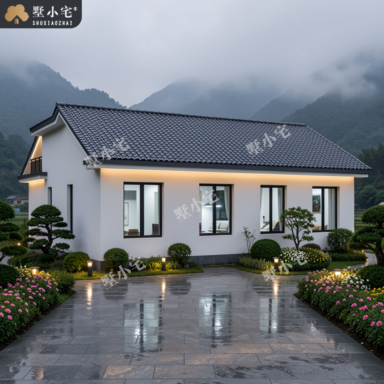13.5x11.5米,A9228农村自建房带复式客厅一层新中式别墅外观设计全套盖房图纸，回乡建房的品质之选。