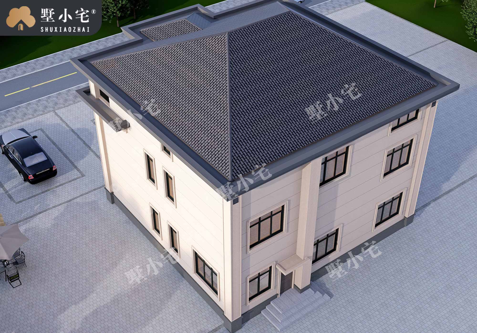 C1196三层豪华大气新中式别墅自建房屋设计图带效果图，复式挑空客厅，12.6×14.1