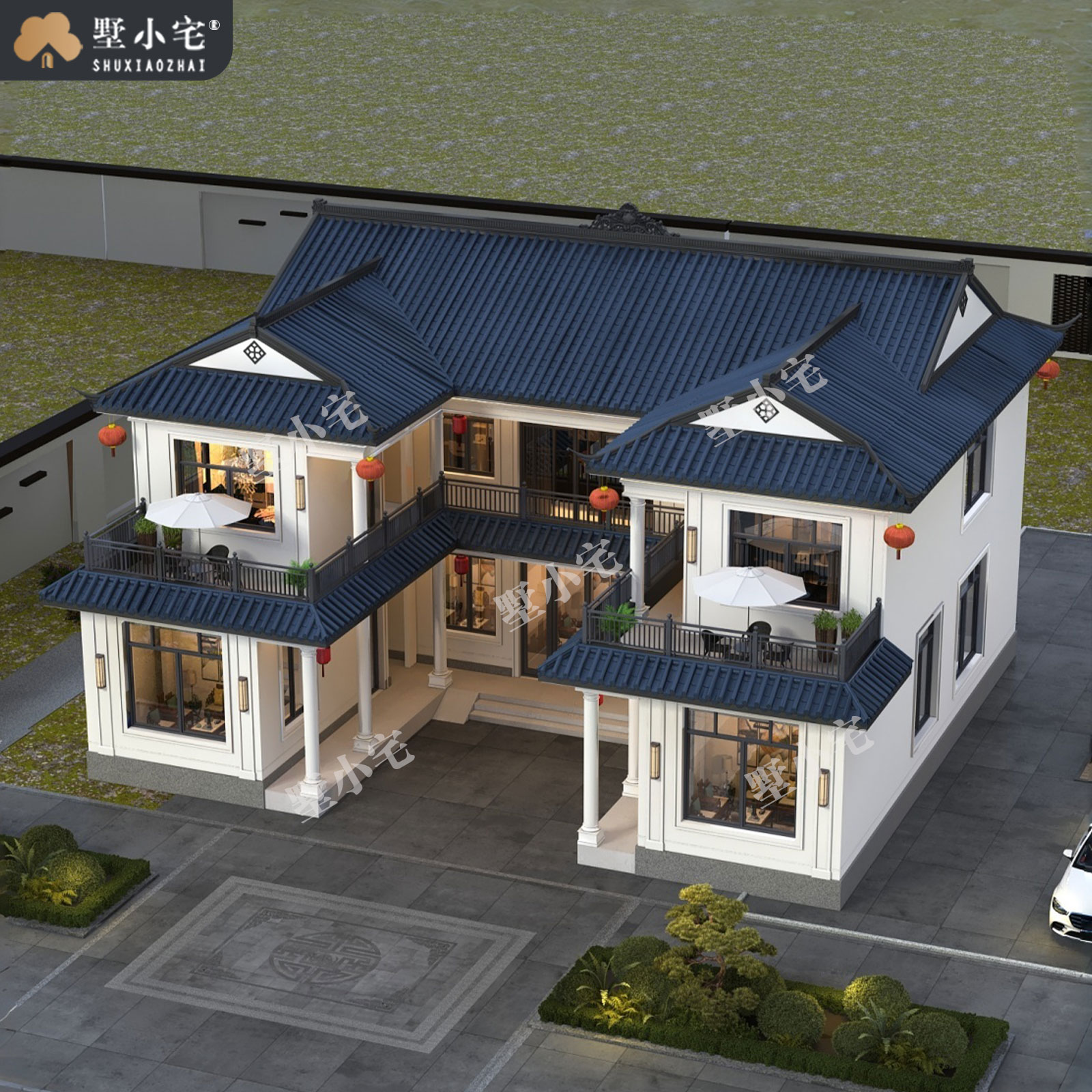 17x14.6米,B9245农村自建房带神龛二层合院别墅外观设计全套盖房施工图纸，回乡建房的理想之选。